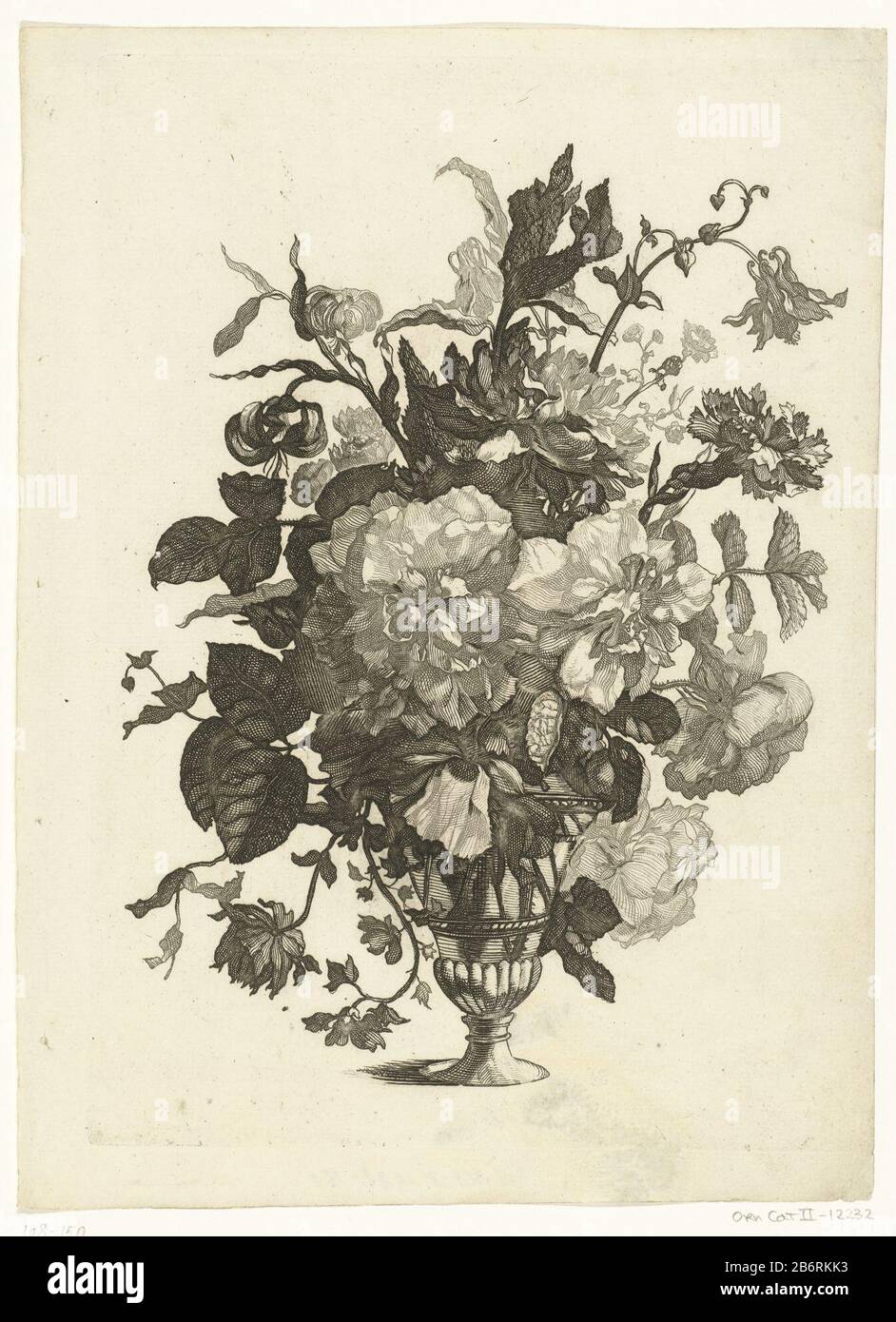 Glazen vaas met bloemen Vazen met bloemboeketten (seriettel) vaso di vetro con vasi di fiori con bouquet di fiori (titolo serie) Tipo Di Proprietà: Stampa ornamento immagine numero articolo: RP-P-1998-150Catalogusreferentie: ORN Cat II 12232 Produttore : printmaker Pieter Schenk (i) Designed by Jean Baptiste Monnoyeruitgever: Peter Schenk (i) Luogo di Amsterdam. 1600 - ca. 1699 Materiale: Carta Tecnica: Engra (processo di stampa) dimensioni: Bordo lastra: H 246 mm × W 178 mm Foto Stock
