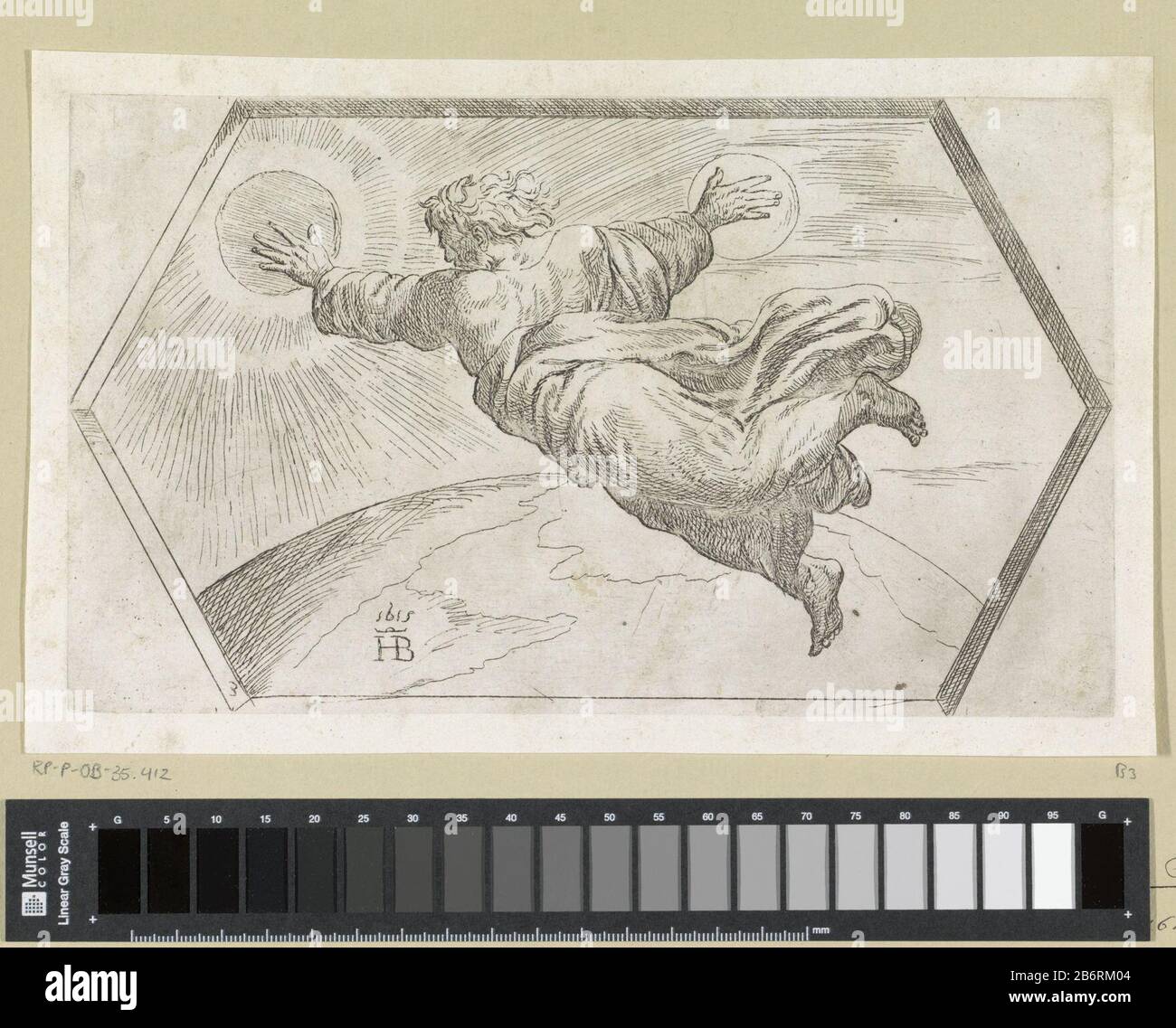 Dio, een oude man incontrò baard, zweft boven de aarde. Met zijn linkerhand schept hij de zon. Met zijn rechterhand schept hij de maan. Produttore : Pentmaker: Orazio Borgianni (vermeld op object)naar schildering van: RafaëlPlaats manufacturing: Pentmaker: Italiënaar schildering van: Vatican anstad Appuntamenti: 1615 Physical kenmerken: ETS Materiale: Papier Techniek: Etsen dimensioni: Plaatand: H 137 mm × b 232 mmToelichtingPrent uit een reeks van 52 prenten naar schilderingen in de Loggia van Rafaël in het Vatican aan. Oggetto: Creazione di sole, luna e stelle Foto Stock