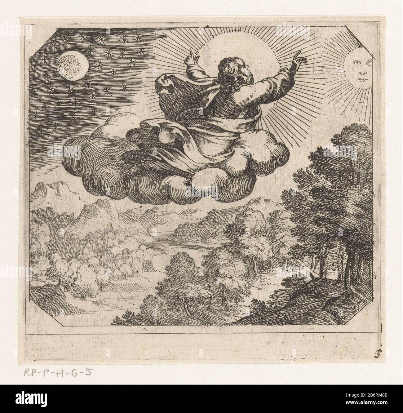 Dio schept de zon, de maan en de sterren De schepping (seriettel) Dio Padre, visto dalla parte posteriore, galleggiando su una nuvola sopra un paesaggio. Egli crea il sole, la luna e lo sterren. Produttore : stampatore Antonio Tempesta a disegno: Rafael A stampa da: Nicolaes de Bruyn a disegno: Maerten The VosPlats fabbricante: Stampatore Roma a disegno: Vaticano Data: 1565 - 1630 caratteristiche Fisiche: Acquaforte materiale: Carta Tecnica: Incisione dimensioni: Bordo della piastra: H 119 mm × W 124 mml'immagine ToelichtingDeze fa parte di una serie di dodici stampe di creazione. Le stampe sono in parte ai disegni di Rafael per Foto Stock