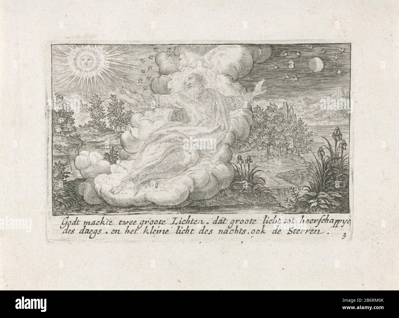 Dio schept de zon, maan en sterren Liber Genesis (seriettel) Dio crea il sole, la luna e le stelle e quindi separa la luce dalle tenebre. Nel margine, una didascalia a due righe in Nederlands. Produttore : stampatore: Crispjn of Passe (i) Editore: Isaac Greve Luogo fabbricazione: Stampatore: Utrecht Editore: Amsterdam Data: 1700 - 1750 caratteristiche Fisiche: Materiale dell'automobile: Tecnica della carta: Engra (processo di stampa) dimensioni: Bordo della lastra : H 83 mm × W 124 mmToelichtingPrent utilizzato in Liber Genesis / il libro della Genesi, terza edizione. Amsterdam: Y. Greve. Oggetto: Creazione di sole, luna e stella Foto Stock