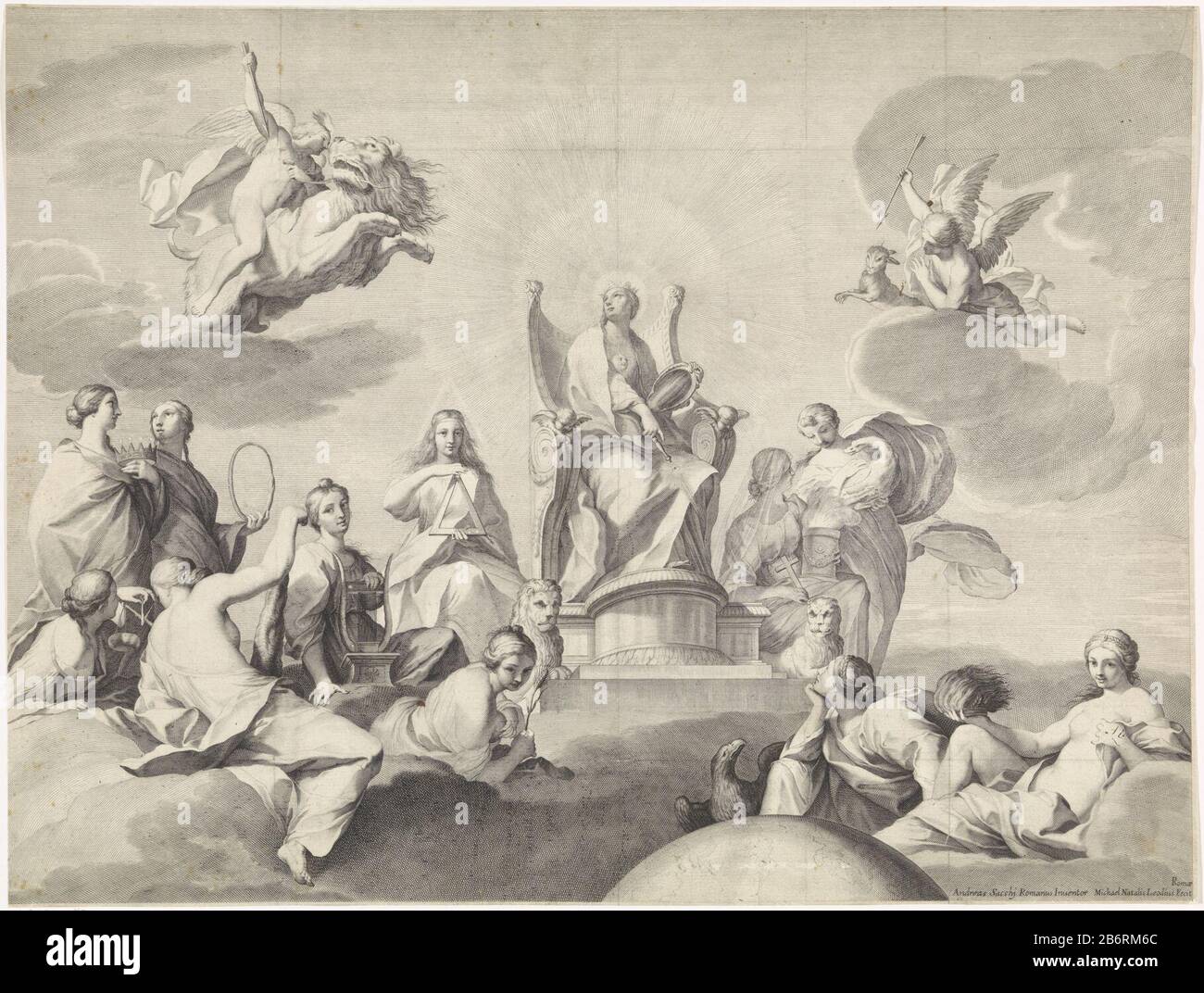 Goddelijke voorzienigheid Tra le altre personificazioni femminili, la Divina Provvidenza è sul trono coronato testa e alone, un sole sul petto. Esso punta ad un puntatore con sotto l'occhio simbolo di Dio Padre sulla terra. Per sedersi sulle nubi è inclusa la personificazione femminile, Dove: Sotto la Giustizia con scale, Eon con tubo circolare, con Fede incrociata, saggezza con triangolo, Fertilità con orecchio di mais. Sono presenti anche una donna con corona, una donna con arpa, una donna con cigno e una donna con aquila. In alto a sinistra un angelo con la freccia in mano sul retro di un leone. In alto a sinistra un angelo con Foto Stock