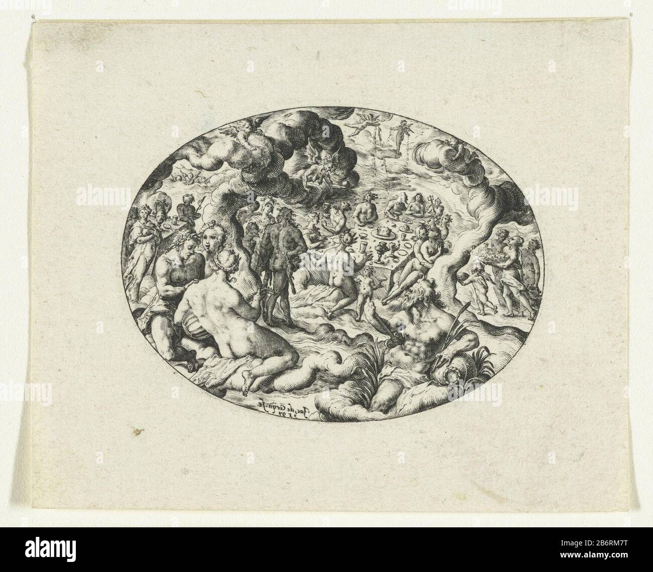Godenbanket tijdens de bruiloft van Peleus en Thetis Oval presentazione del matrimonio di Peleus e Thetis. Tra nuvole di dèi a tabelle lunghe utilizzare il pasto. Sullo sfondo fornisce Eris, la dea della discordia, la mela dorata agli ospiti aan. Produttore : stampatore Jacob de Gheyn (II) (edificio elencato) Luogo di fabbricazione: Leiden Data: 1597 caratteristiche Fisiche: Materiale di automobile: Carta Tecnica: Engra (processo di stampa) dimensioni: Bordo della lastra: H 48 mm × W 65 mm Oggetto: Il matrimonio-festa di Peleus e Thetis nel nudsEris getta la mela dorata Foto Stock