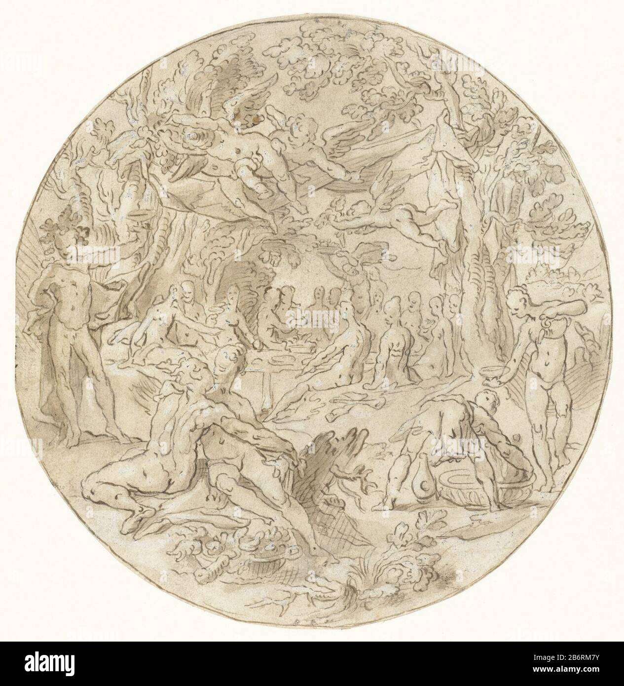 Godenmaaltijd Gods Meal Object Type: Drawing Object number: RP-T-1896-A-3130 fabbricante : disegnatore: Joachim Wtewael Appuntamenti: 1590 - 1600 caratteristiche Fisiche: Penna o pennello in marrone materiale: Carta tecnica d'inchiostro: Dimensioni penna / pennello: D 160 mm Foto Stock