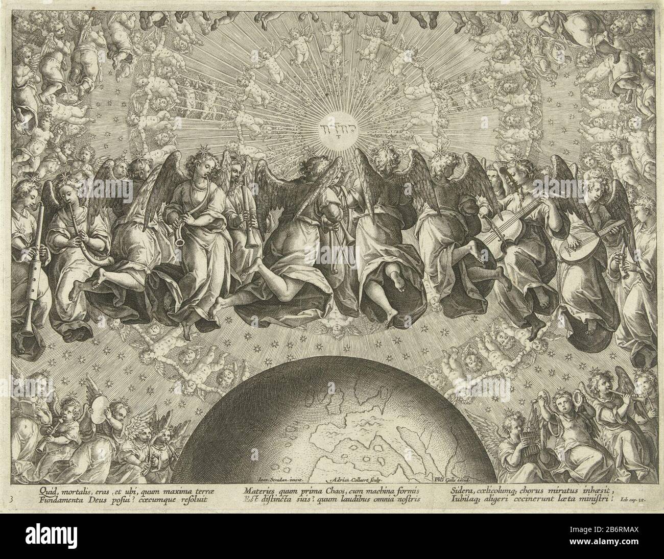 Gods antwoord aan Job Musicerende engelen, serafijnen en en cherubijnen Loflied op de muziek (seriettel) Encomium Musices (seriettel) angeli musi, serafini e cherubini che si librano in circoli intorno alla terra. In mezzo al vortice il tetragramma con il nome di Dio. L'immagine ha una didascalia con versi latini di Giobbe 38. La stampa fa parte di una serie di scene del Vecchio Testamento che trattano di muziek. Produttore : printmaker: Adriaen Collaert (proprietà in elenco) a disegnare: Jan van der Straet (edificio in elenco) editore: Philip Galle (proprietà in elenco) scrittore: John BochiusPlaat Foto Stock