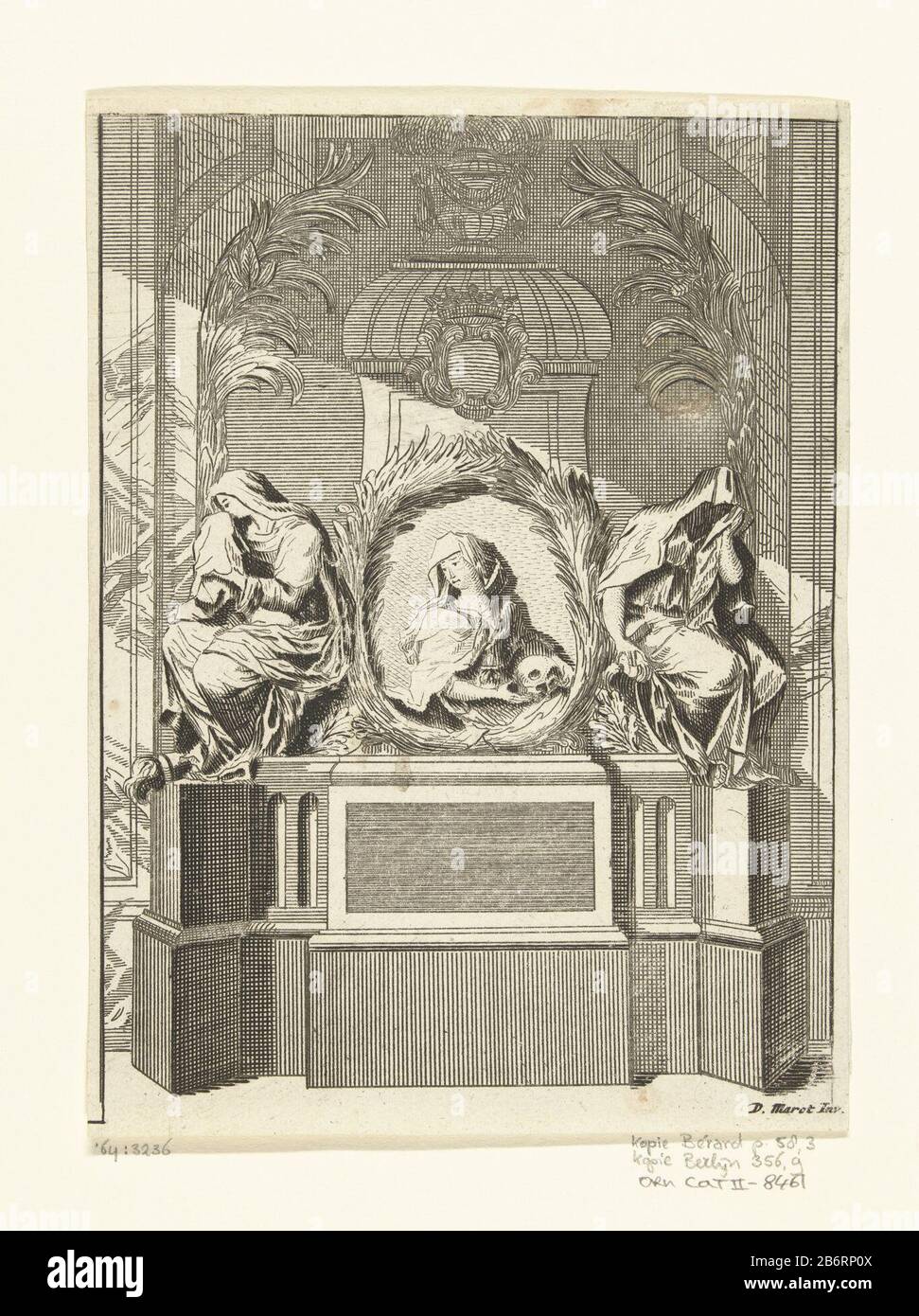 GrafMonument a nis Epitafen Gravestone con medaglione ovale Dove: Tenere un cranio in una donna velata. Sinistra e destra del medaglione sono grie vrouwen. Produttore : Designed by Daniel Marot (i) printmaker: Anonymous editor: Anonymous Data: Dopo 1706 - per 1800 Materiale: Paper Tecnica: Acquaforte dimensioni: Foglio: H 184 mm × W 136 mm Foto Stock