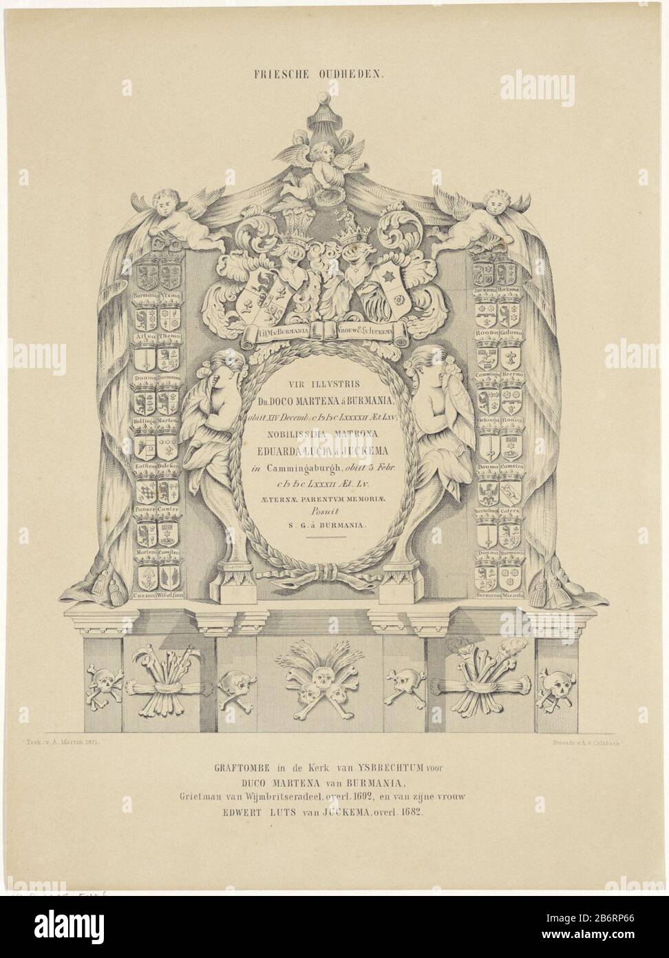 GrafMonument van Daco Martena vna Burmania en zijn vrouw sinistra e destra dell'epitaffo sono due figure a metà delle loro mani in faccia. Inoltre, due stemmi della famiglia e di Burmania Juckema. Tre putti che sorreggono una tettoia e sotto, a sinistra e a destra, file di stemmi. Sul fondo di un bordo decorato con ossa, teschi, falce, grano e zizzania. Sotto i nomi di immagine e le date di morte del overledenen. Produttore : stampatore: Andries van Calfsbeek (edificio elencato), progettato da Albert Martin (edificio elencato) Fabbricazione Di Posti: Printmaker: Olanda Per progettare: Leeuwar Foto Stock