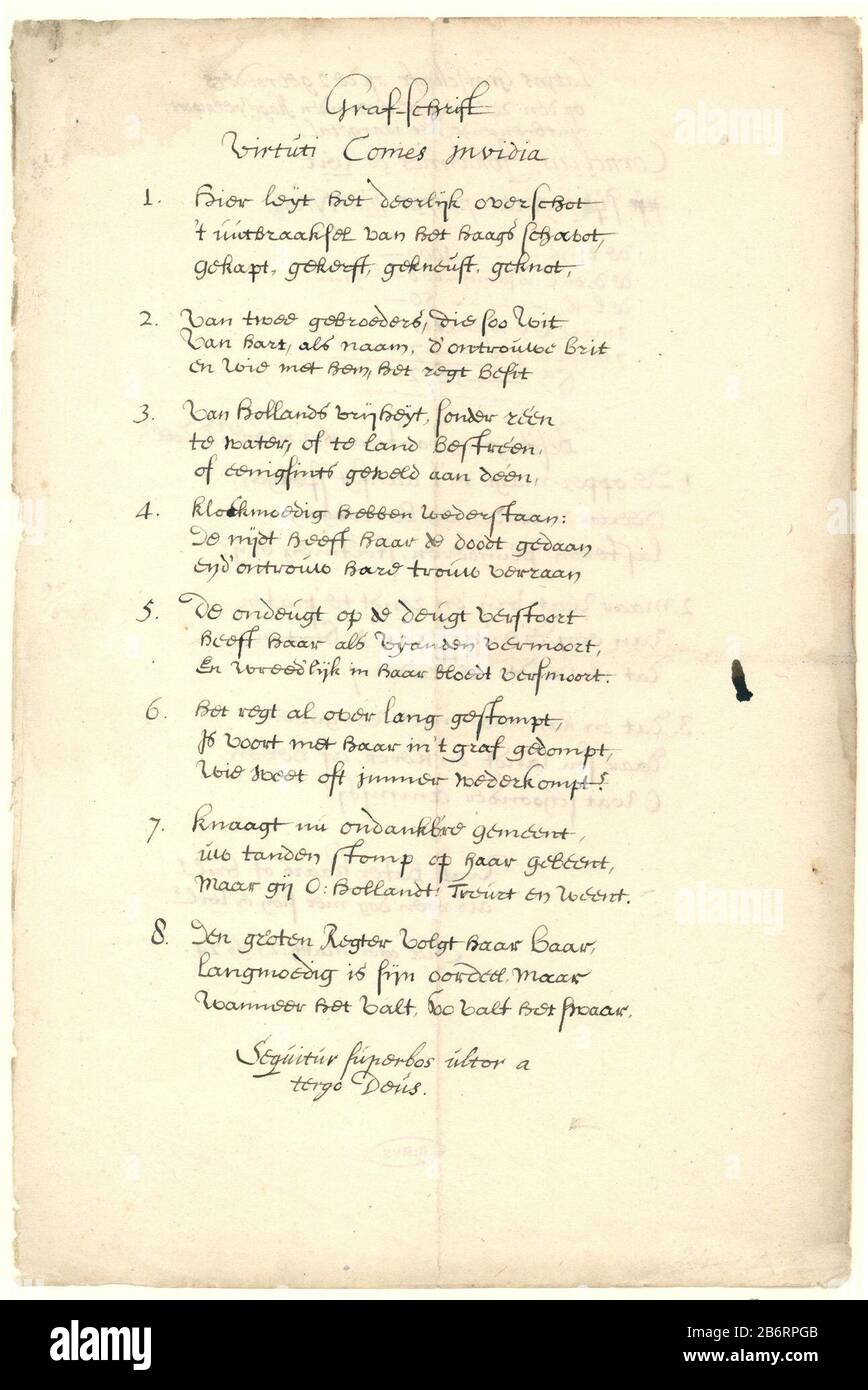 Grafschriften op de gebroeders De Witt, 1672 foglia con entrambi i lati scritti a mano versetti dopo la morte di Johan e Cornelis de Witt . Di fronte ad un epitaffo otto versi numerati dal titolo 'Virtuti Viene invidia' e il titolo 'qui leyt il surplus di deerlyk. Sul retro un breve versetto in latino e olandese di tre stanze intitolato 'Descrizione dell'anno 1672 in Holl.t & Zeel.t. ' Forse i testi sono scritti pamphlets (confronta Knuttel No. 10446). . Produttore : autore: Anonymous place manufacturing: Northern Netherlands Data: 1672 - 1699 caratteristiche Fisiche: Scrittura a mano in penna e marrone m. Foto Stock