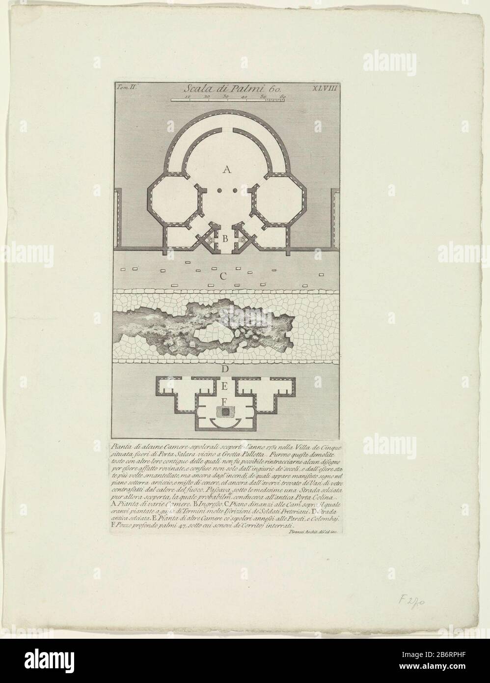 Mappa di una tomba nella Villa de 'cinque, fuori dalla porta Romana Salaria vicino alla Grotta Pallotta. In alto a sinistra: Tom. II Numerato in alto a destra: XLVIII. Sotto un testo ed un elenco esplicativo delle lettere ha stampato un'altra placchette. Produttore : stampatore Giovanni Battista Piranesi (edificio in lista) nella sua progettazione: Giovanni Battista Piranesi (Proprietà in lista) Fabbricazione Del Luogo: Roma Data: CA. 1756 - ca. . 1757 caratteristiche Fisiche: Incisione, stampata da due fogli di materiale: Carta Tecnica: Incisione dimensioni: Bordo della lastra: H 326 mm (sopra) × W 211 mm (sopra) × h 84 mm (Sotto) × W 215 mm (Bot Foto Stock