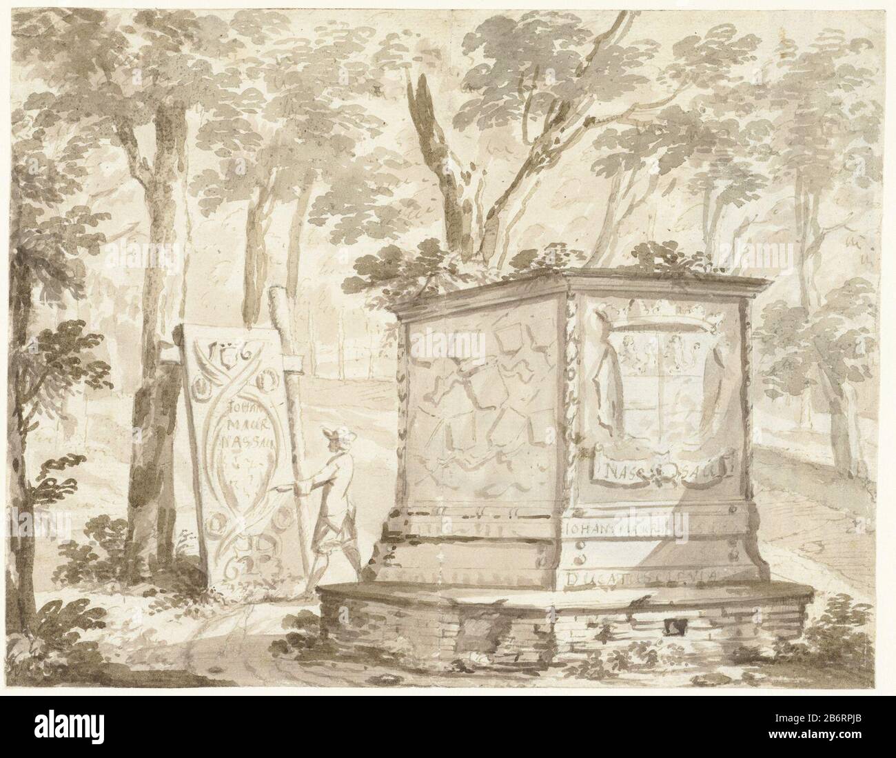 Graftombe van Johan Maurits van Nassau-Siegen te Kleef Tomb of Johan Maurits of Nassau-Siegen Kleve Property Type: Drawing Object Number: RP-T-1953-252 (R) Manufacture Creator: Artist: Arnoud van Halen Artist: Abraham Rademaker (Rejective Rejective) Datato: 1710 - 1730 caratteristiche Fisiche: Penna o pennello in materiale marrone: Carta Tecnica: Inchiostro: Dimensioni penna / pennello: H 158 mm × W 202 mm Oggetto: Tombe, rovesciamenti di tombe o città e villaggi (CON NOME) nomi di città e villaggi (CON NOME) Dove: Berg e DalWie: Johan Maurits, conte di Nassau-Siege Foto Stock