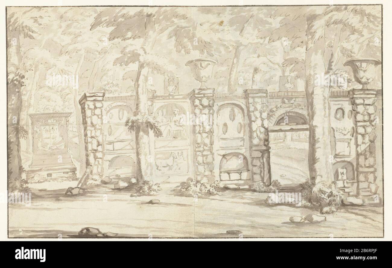 Graftambe van Johan Maurits van Nassau-Siegen en en en deel van ampitheater la tomba di John Maurice di Nassau Siegen, e una parte dell'esedra dell'anfiteatro Bergendael di Kleef. Produttore : disegnatore: Arnoud of Delete artista: Abraham Rademaker (attribuzione rifiutata) Data: 1710 - 1730 caratteristiche Fisiche: Matita, penna o pennello in materiale marrone: Carta inchiostro matita Tecnica: Penna / pennello dimensioni: H 200 mm × W 323 mm Oggetto: Tomba, teatro tomba (edificio) - AA - performancesnames all'aperto di città e villaggi (CON NOME) nomi di città e villaggi (con NOME) Dove: Montagna e da Foto Stock