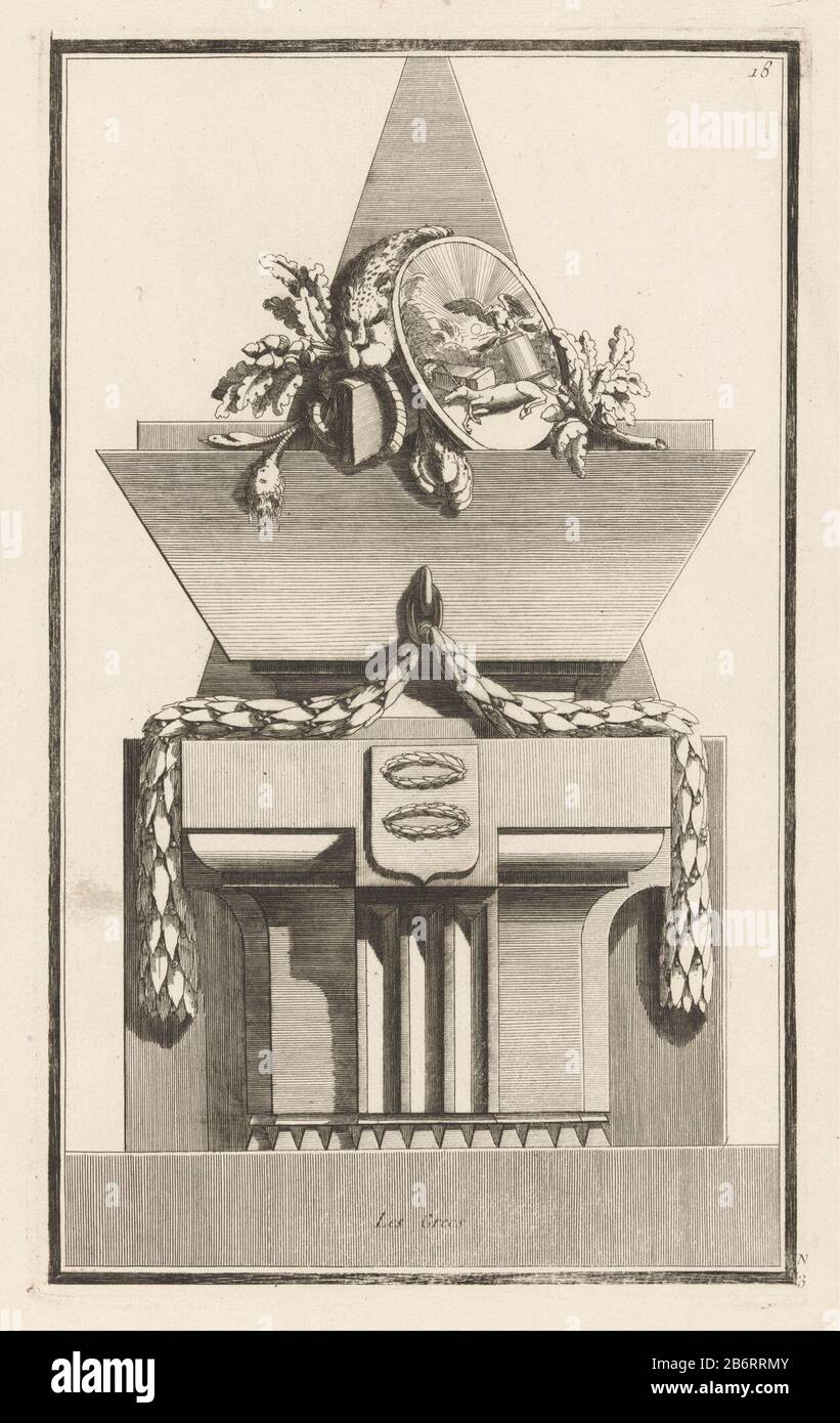 Grieken Les Grecs (titel op Object) N Tombeaux (seriettel) Nouvelle Iconologie Historique Ou Attributs Hierogliphyques (serietitel) una tomba con wreaths e garlands. Sul lato superiore una pelle leopardata, foglie di quercia e un medaglione rotondo con un'aquila e un unicorno. Numero Di Stampa 18. Produttore : stampatore: Jean-Charles Delafosse a proprio disegno: Jean-Charles Delafosse Editore: Jacques-François ChéreauPlaats fabbricante: Parigi Data: 1768 - 1771 caratteristiche Fisiche: Acquaforte e engra materiale: Carta Tecnica: Acquaforte / engra (processo di stampa) dimensioni: Bordo della lastra: H 380 mm × W 232 mm Oggetto: G Foto Stock