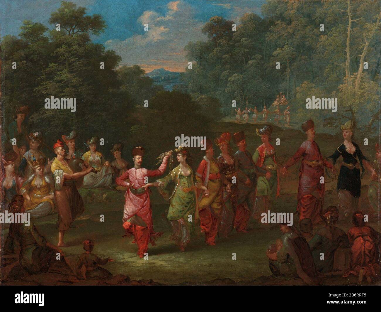 Griekse mannen en vrouwen dansen de khorra, SK-A-2009 In una zona boscosa danza greco uomini e donne Khorra. Sinistra un doedelzakspeler. Produttore : pittore Jean Baptiste Vanmour dating: CA. 1720 - ca. 1737 caratteristiche Fisiche: Olio su tela materiale: Tela olio dimensioni: Supporto: H 44,5 cm. B × 58 cm. Oggetto: Balli di gruppo quando: 1726 - 1744 Foto Stock