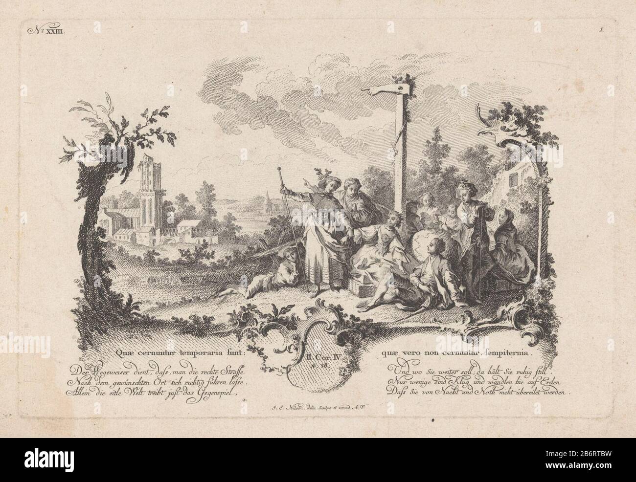 Groep mannen en vrouwen onder een wegwijzer Quae certur nuntur temporaria sunt (titel op Object) IJdelheid van de wereld (serietitel) un gruppo di uomini e donne seduti in un paesaggio sotto un cartello. Tre figure si nascondono dietro un globo e giocano un gioco di carte. Tre figure indicano una giovane coppia su una chiesa sullo sfondo. Intorno allo spettacolo una cornice rocaille con motivi a foglia e un cartouche. Nel margine inferiore due colonne di testo tedesco a tre righe. Numero editore XXIII. Produttore : stampatore Johann Esaias Nilson (edificio storico) nel suo disegno: Johann Esaias Nilson (edificio storico) Foto Stock