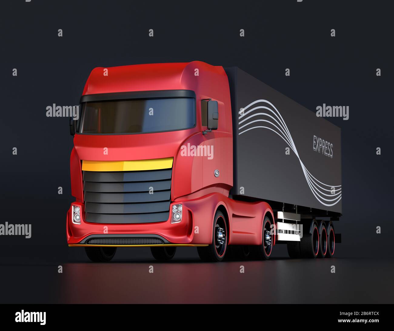 Design generico Red Heavy Electric Truck su sfondo nero. Immagine di rendering 3D. Foto Stock