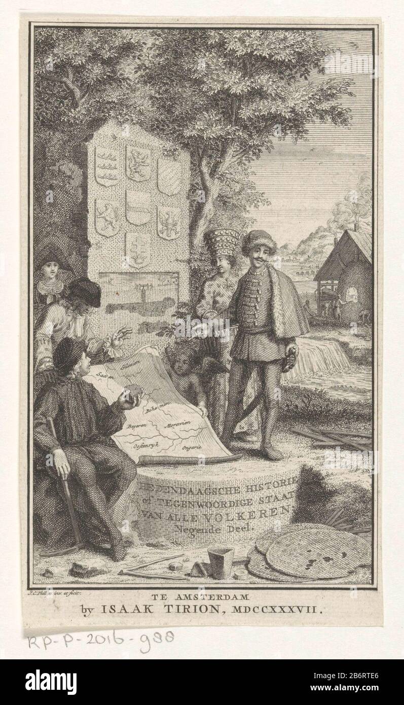 Groep mannen rondom kaart van het Duitse Rijk Titelpagina voor Thomas Salmon, Hedendaagsche istorie di tegenwoordige staat van alle volkeren, IX Deel, 1737 un gruppo di uomini di diverse origini attorno ad una mappa del Reich tedesco (parte di esso). Dietro di loro una pietra con sette stemmi. Camino coperto a destra vicino a un fiume o stroom. Produttore : stampatore Jan Caspar Philips (edificio elencato) nella sua progettazione: Jan Caspar Philips (edificio elencato) Editore: Isaak Tirion (proprietà elencata) Luogo di produzione: Amsterdam Data: 1737 caratteristiche Fisiche: Acquaforte e engra materiale: Paper Tecnica: Foto Stock