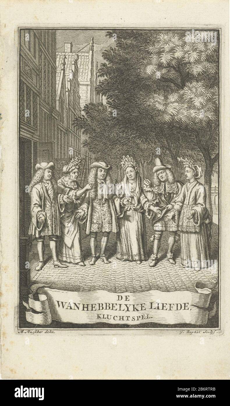 Groep van zes toneelspelers op straat Titelpagina voor De wanhebbelyke liefde, kluchtspel, Amsterdam 1704 Sei attori che i ruoli principali nella farce il wanhebbelyke amano un canale ad Amsterdam. Produttore : stampatore: James Baptist (proprietà in elenco) a disegno: Michiel van Musscher (proprietà in elenco) Luogo di produzione: Amsterdam Data: 1704 caratteristiche Fisiche: Incisione ed engra materiale: Carta Tecnica: Incisione / engra (processo di stampa) Misure: Bordo della lastra: H 130 mm × b mm Soggetto 87: Gruppo di attori, troupe; attori sul palco Foto Stock