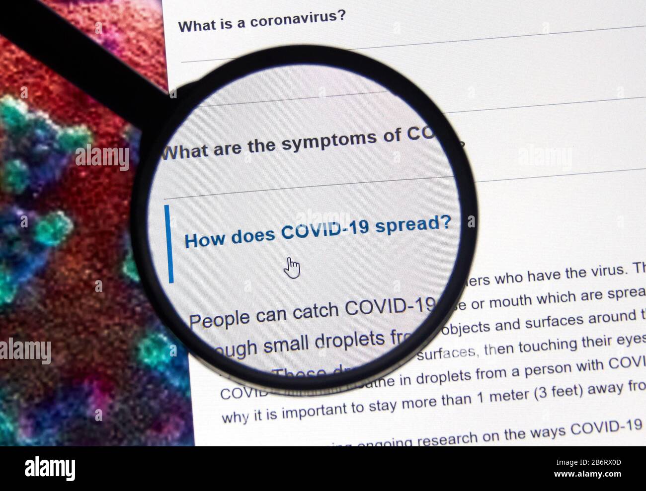 Montreal, Canada - 11 marzo 2020: Come fa COVID-19 a diffondere le domande. La coronavirus Disease 2019 COVID-19 è una malattia infettiva causata dalla grave acu Foto Stock