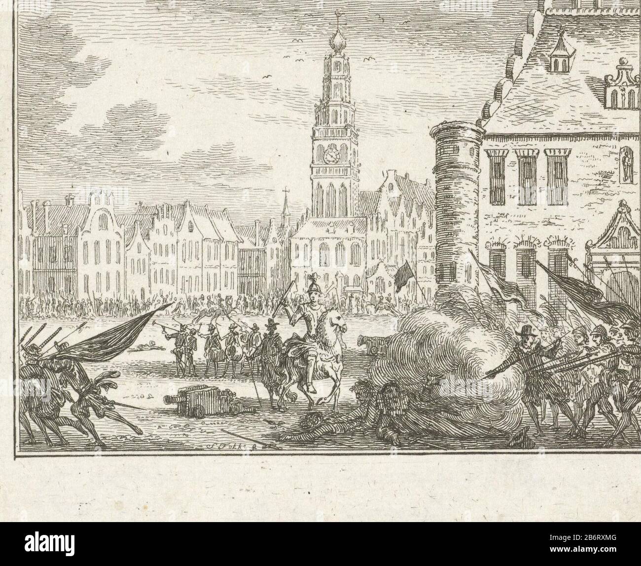 Groningen veroverd porta de troepen van Rennenberg, 1580 Groningen conquistata dalle truppe di Renneberg, marzo 3rd 1580. Battaglie sul mercato per il municipio, nel centro Renneberg a paard. Produttore : stampatore Simon Fokke (proprietà in elenco) Luogo di produzione: Paesi Bassi del Nord Data: 1782 - 1784 caratteristiche Fisiche: Materiale di incisione: Carta Tecnica: Dimensioni di incisione: Bordo della piastra : h 92 mm (taglio superiore, stampato da una piastra più grande Dove: Si trovava su prestazioni multiple) b × 105 mmToelichtingGebruikt come illustrazione in: JW per L'Acqua, la storia patriottica del signore J. Wagenaar, Sho Foto Stock