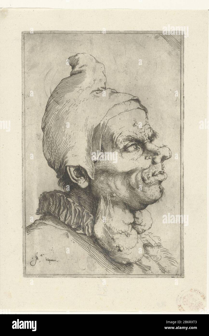 Groot grottesk cappuccio testa di un vecchio uomo che indossa un cappuccio frigio, in profilo. Nel suo collo un grande gezwel. Produttore : tipografia: Jusepe la Ribera (indicata sull'oggetto), al suo disegno: Jusepe la RiberaPlats produzione: Napoli Data: 1620 - 1624 caratteristiche Fisiche: Incisione ed engra materiale: Carta Tecnica: Incisione / engra (processo di stampa) Misure : bordo della lastra: H 216 mm × W 141 mm Oggetto: Disabilità, deformazionimalattie Che Colpiscono parti del corpo e del diritto Foto Stock