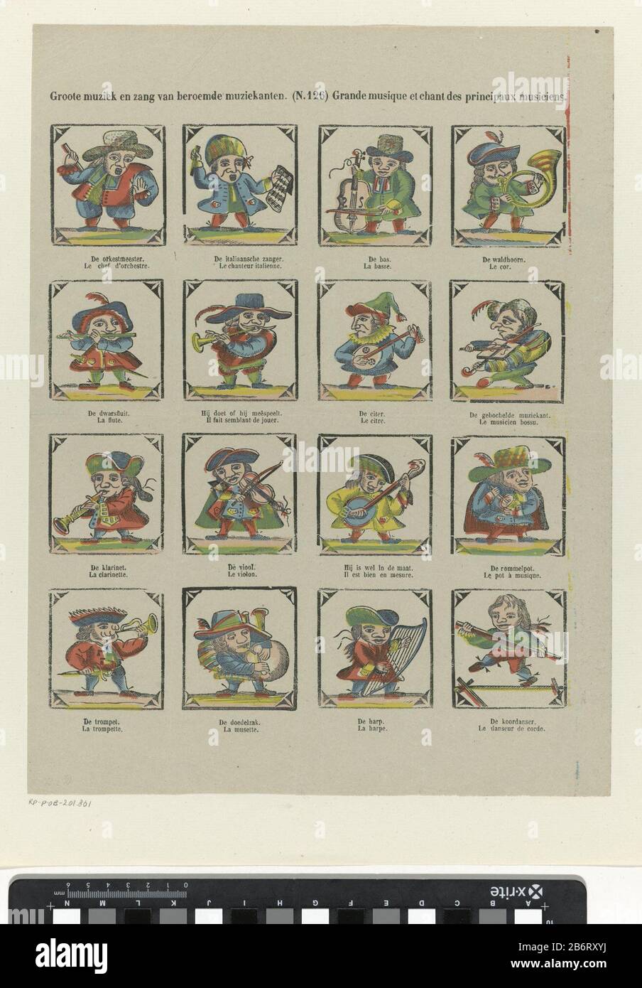 Groote muziek en zang van beroemde muziekanten Grande musique et chant des principaux musiciens (titel op object) Blad met 16 voorstellingen van muzikanten. Onder elke afbeelding een onderschrift in het Nederlands en in het Frans. Genummerd Midden Boven: (N. 126). Produttore : uitgever: Bropols & Dierckx zoonprentmaker: AnoniemPlats manufacturing: Turnhout dating: 1833 - 1911 Physical kenmerken: Kleurenlitografie in geel, roze, blauw, en rood; tekst in boekdruk Materiale: Papier Techniek: Kleurenlitografie (proced 385 mm) oggetto: × 293 mm Foto Stock