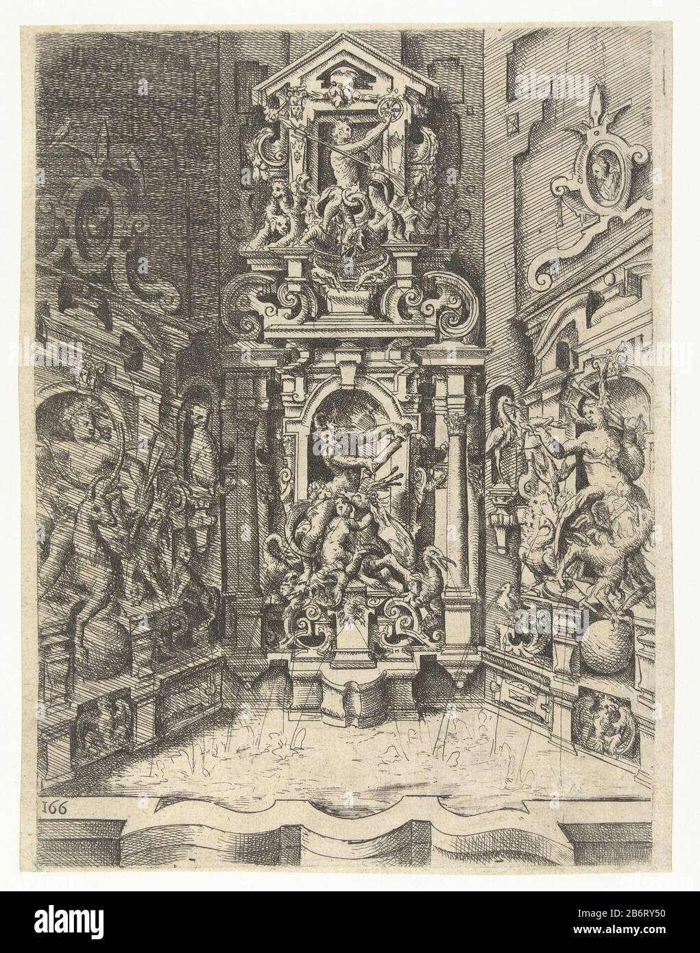 Grote fontein, ingebouwd tussen drie muren Fonteinen, waterputten, schoorsteenmantels, kapitelen, vensters en retabels (seriettel) a sinistra è la fontana Ceres con visibile (vedi RP-P-1973-122), contro la parete posteriore due fontane, il basso un dio di mare e a destra, una fontana con una donna, circondata da animali. Uno dei 20 fogli di una serie (Architectura. Von Ausztheilung, Symmetria und Proporzione di fünff Seulen ...) composto da 193 pagine e cinque pagine del titolo, divise in cinque libri. Si tratta di una seconda edizione ampliata della serie. Il produttore ha descritto Orn Cat i-319: Printmaker: Wende Foto Stock
