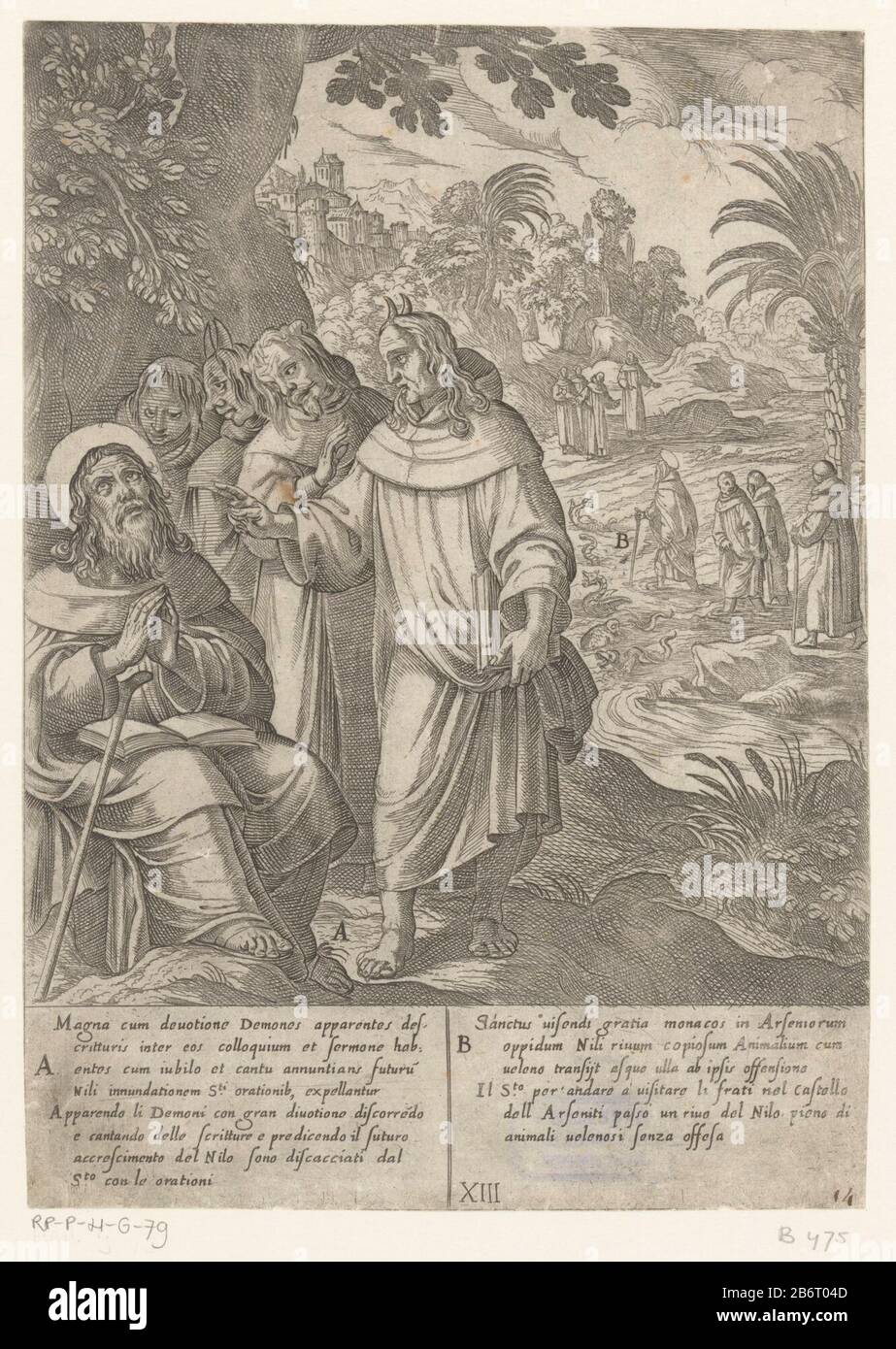 H Antonius bezocht porta demonen Het leven van de heilige Antonius de Grote (serietitel) H. Anthony è in preghiera per un albero. Accanto a lui ci sono quattro demoni in vesti di monaco. Testo italiano e latino in due colonne nell'ondermarge. Produttore : stampatore Antonio Tempesta a murale: Niccolò dipinto di Circignaninaar di Giovanni Battista Lombardelliuitgever: Giovanni Orlandlener di privilegio sconosciuto dedicato a: Cinzio Passeri Aldobrandinioppigragen di Antonio Tempesta Lavorazione Luogo: Stampatore Italia a dipingere da Roma a murale di Roma Editore: Roma Dedicato all'Italia Commissionato da: Italia Foto Stock