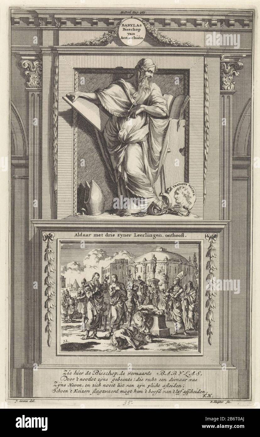 L'Antiochia Santa Babylas studiare un libro, prendere una penna e una compressa nell'attacco. Babylas si erge su un piedistallo Dove: Sul davanti sono decapitazione e ha portato i suoi tre figli nella foto. Stampa centro superiore contrassegnato: II: Parte di Pag. 285. Produttore : stampatore Jan Luyken (edificio elencato) stampatore: Zacharias Chatelain (II) (edificio elencato) nel disegno: Jan Goeree (proprietà elencata) scrittore: François Halma (edificio elencato) Editore: François Halma Luogo fabbricazione : Amsterdam Data: 1698 caratteristiche Fisiche: Acquaforte e engra materiale: Carta Tecnica: Acquaforte / engra (processo di stampa) Foto Stock