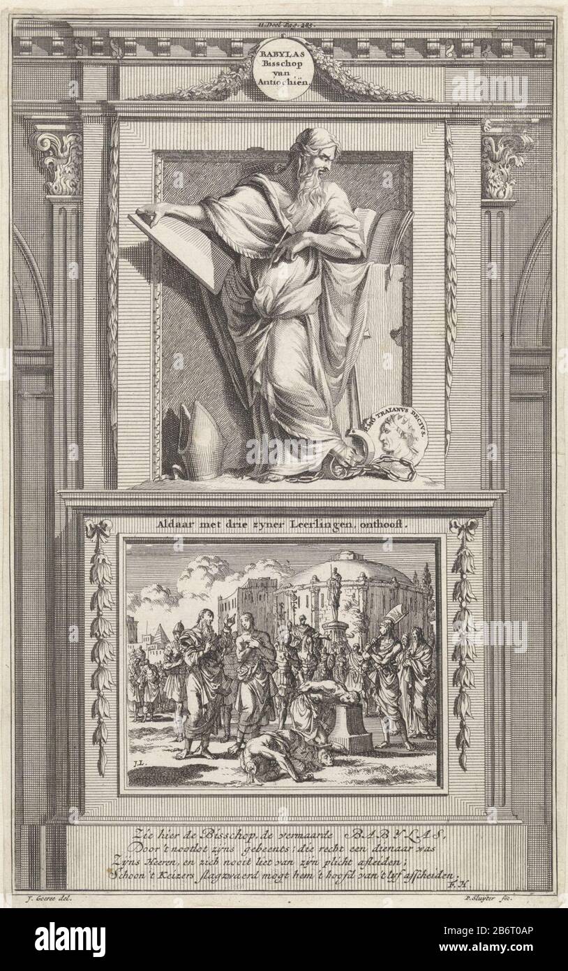 Santa Babylas Antiochia studiare un libro, mentre tiene una penna e una compressa nell'attacco. Babylas si erge su un piedistallo Dove: Sul davanti sono decapitazione e ha portato i suoi tre figli nella foto. Stampa centro superiore contrassegnato: II: Parte di Pag. 285. Produttore : stampatore Jan Luyken (edificio elencato) stampatore: Zacharias Chatelain (II) (edificio elencato) nel disegno: Jan Goeree (proprietà elencata) scrittore: François Halma (edificio elencato) Editore: François Halma Luogo fabbricazione Amsterdam Data: 1698 caratteristiche Fisiche: Incisione e engra materiale: Carta Tecnica: Engra (processo di stampa) / dimensione etch Foto Stock