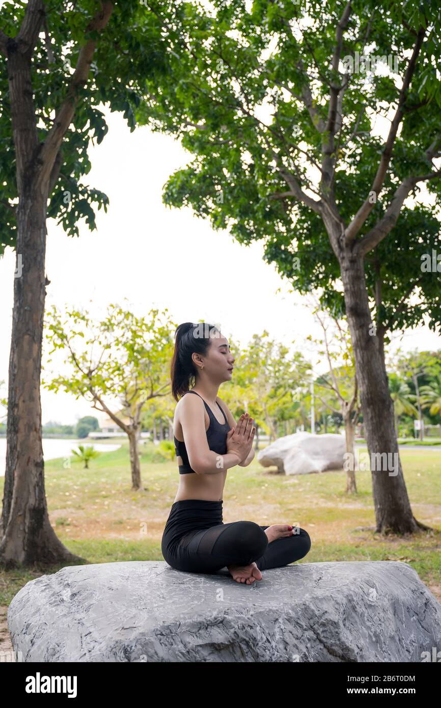 Sottili belle donne pratiche yoga pone sul tappeto accanto a un lago al parco all'aperto con erba verde sfondo. Yoga e vita concetto di salute Foto Stock