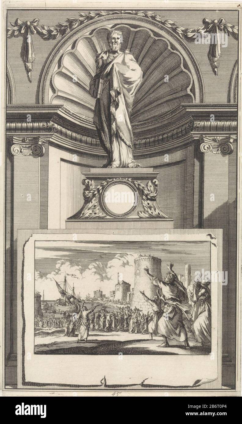 H Epiphanius van Salamis, kerkvader il padre della chiesa Santa Epiphanius di Salamis, che si erge su un piedistallo. Sul fronte una scena Dove: È tornato al corpo dell'Epifanio deceduto a Constantinopel. Produttore : stampatore Jan Luyken Stampa autore: Zacharias Chatelain (II) a disegno: Jan Goeree Luogo produzione: Amsterdam Data: 1698 caratteristiche Fisiche: Incisione e engra; materiale di prova: Carta Tecnica: Incisione / engra (processo di stampa) Misure: Bordo della lastra: H 270 mm × W 166 mmToelichtingProefdruk di illustrazione di: Cave, William. Antichità apostoliche, o vita (...) di heilige Foto Stock