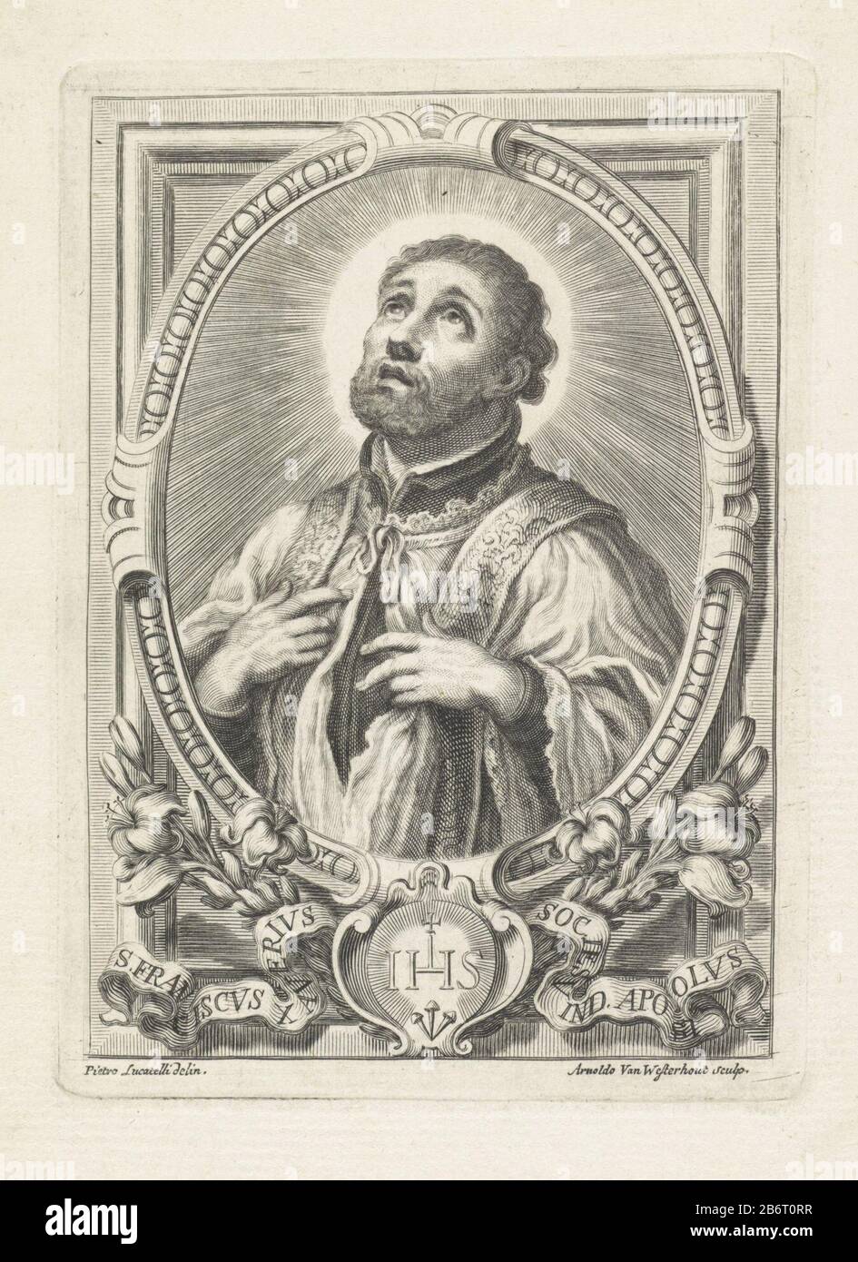 H Franciscus Xaverius Ritratto Di San Francesco Saverio. Sotto la cornice del suo ritratto gigli, un cartouche con il monogramma dei gesuiti e una banda recante un'iscrizione in Latijn. Produttore : stampatore: Arnold Westerhout (proprietà in elenco) a disegno: Pietro Locatelli (proprietà in elenco) Luogo fabbricazione: Italia Data: 1665 - 1725 caratteristiche Fisiche: Engra e materiale di incisione: Tecnica della carta: Engra (processo di stampa) / dimensioni di incisione: Bordo della lastra: H 139 mm × W 100 mm Oggetto: Il missionario Jesuitenplatz Francis Xavier; Attributi possibili: Croce, crocefisso, cuore fiammeggiante, indiano Foto Stock