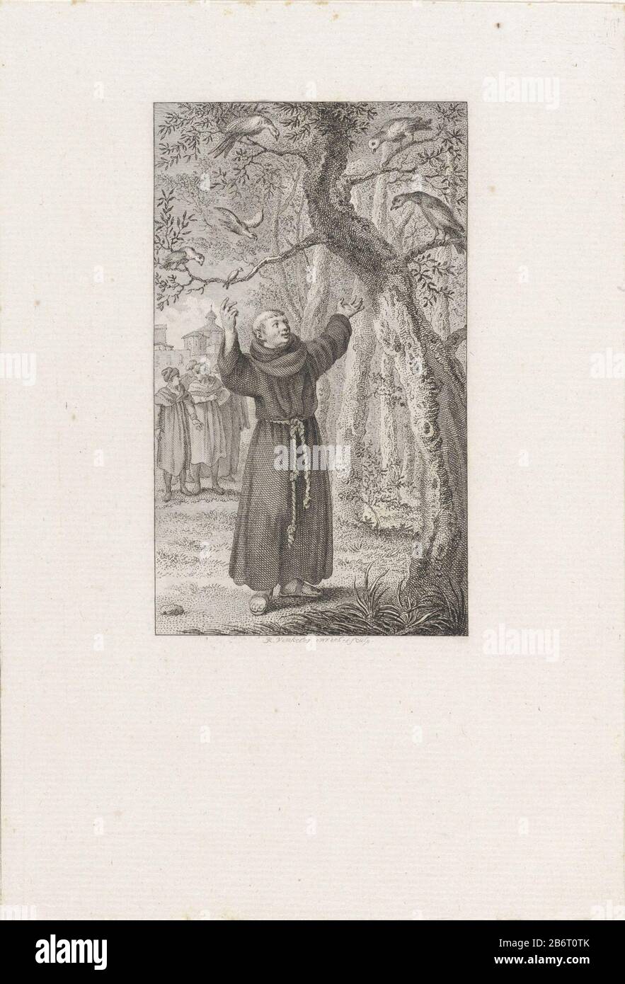 H Franciscus van Assisi spreekt tot de vogels San Francesco d'Assisi, fondatore Dell'Ordine Islander di Francisca, sorge su un albero e parla ad alcuni vogels. Produttore : stampatore: Reinier Vinkeles (i) (edificio elencato) Luogo di produzione: Amsterdam Data: 1809 caratteristiche Fisiche: Incisione ed engra; materiale di prova: Tecnica della carta: Incisione / engra (processo di stampa) Misure: Foglio: H 249 mm × W 170 mmToelichtingProefdruk of Illustration in: Hamelsveld, Yslbrand of. Usi comuni la storia della Chiesa, dei cristiani, Parte 18. Haarlem: François Bohn, 1809, Pag. 79. Oggetto: Fondatore Dell'Ordine dei Frati M. Foto Stock