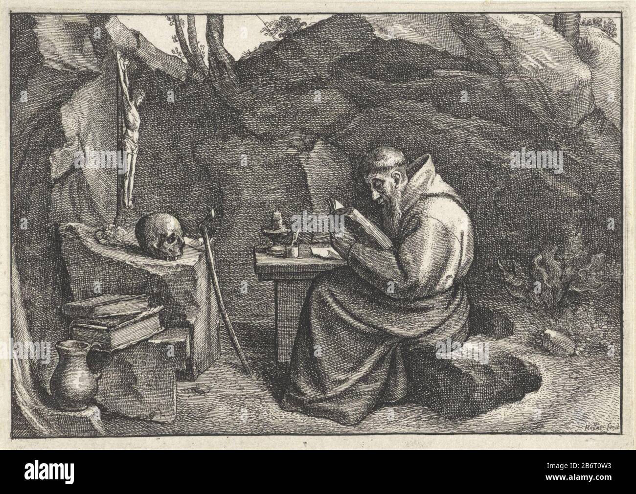 H Franciscus lezend in een grot St. Francis Reading a cave tipo di oggetto: Immagine numero articolo: RP-P-1920-2651Catalogusreferentie: New Hollstein German (Hollar) 1219Pennington 164 Iscrizioni / marchi: Marchio del collezionista, vero, stampato: Lugt 654 Produttore : stampatore: Wenceslaus Hollar (elencato all'oggetto) dopo un dipinto di: Adriaen Brouwer Luogo fabbricazione: Antwerpen Data: 1649 caratteristiche Fisiche: Acquaforte materiale: Carta Tecnica: Acquaforte dimensioni: Foglio: H 92 mm × W 130 mm Oggetto: Devozione personale di San Francesco o Assisi - penitenza o santo maschio Foto Stock