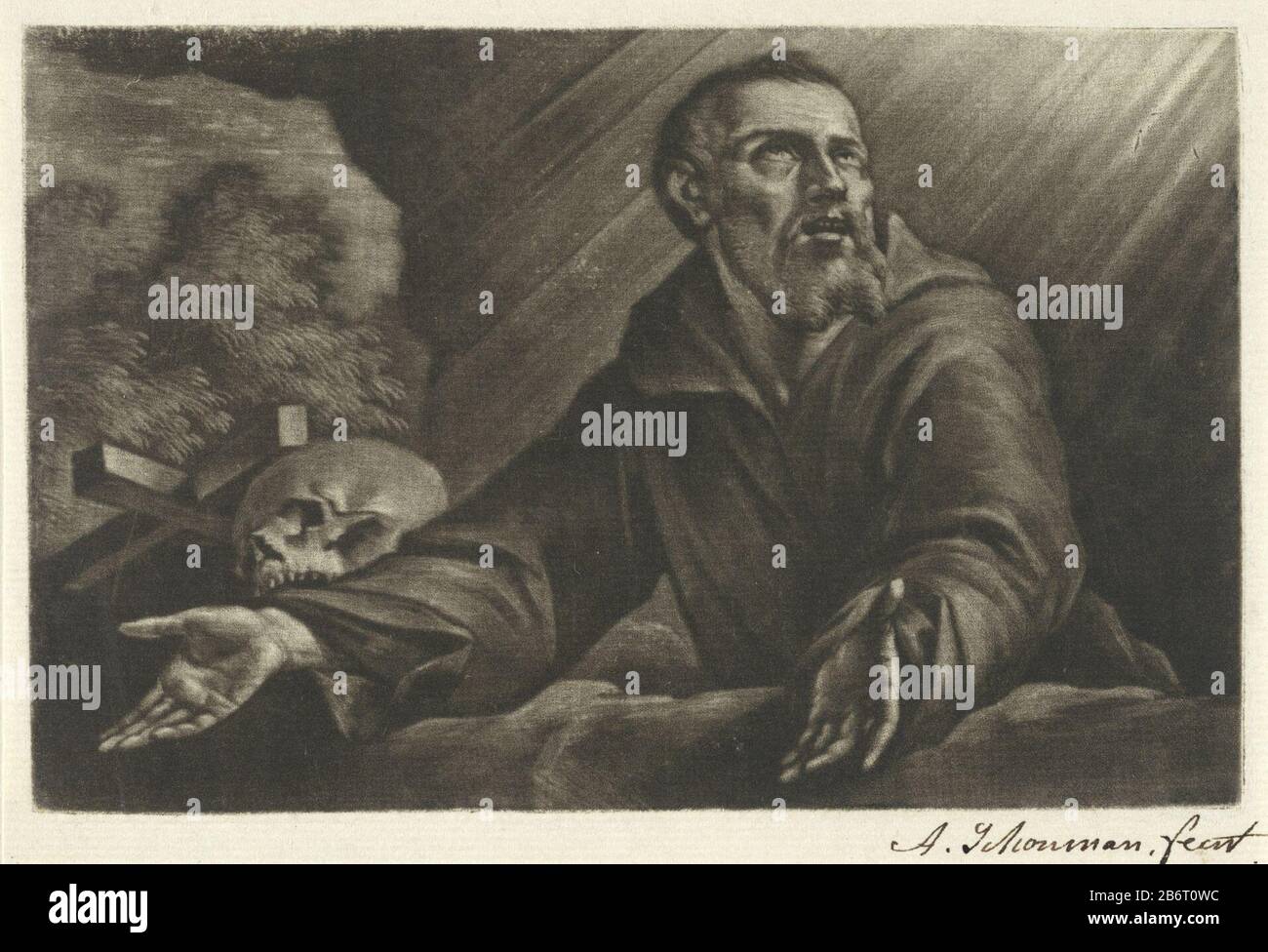 H Franciscus St. Francis Tipo Di Proprietà: Picture numero articolo: RP-P-1909-89Catalogusreferentie: Wurzbach 10-1 (2) Marchi / marchi: Collector's mark, vero, stampato: Lugt 2228 Produttore : stampatore: Aert Schouman datazione: 1747 caratteristiche Fisiche: Mezzotint materiale: Carta Tecnica: Dimensioni mezzotint: Bordo lastra: H 100 mm × W 155 mm Oggetto: San Francesco o Assisi predicando il cranio (umano) Foto Stock