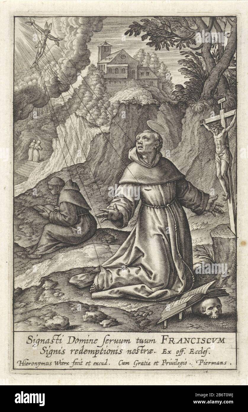 H Franciscus van Assisi ontvangt de stigmata Mentre era in preghiera un crocifisso sul monte Alverna Francesco vede una visione di un uomo come serafino sulla croce. Durante la visione ricevette le stimmate. Nel margine una didascalia a due righe in Latijn. Produttore : stampatore: Jerome Chi: Rix (edificio elencato) Editore: Hieronymus Wierix (Proprietà quotata) fornitore di privilegio: Pieremans (Proprietà quotata) Luogo di produzione: Anversa Data: 1563 - per 1619 caratteristiche Fisiche: Materiale per auto: Carta Tecnica: Engra (processo di stampa) dimensioni: Bordo della lastra: H 105 mm × W 67 mm Oggetto: Stigmatizzazione di S. Foto Stock