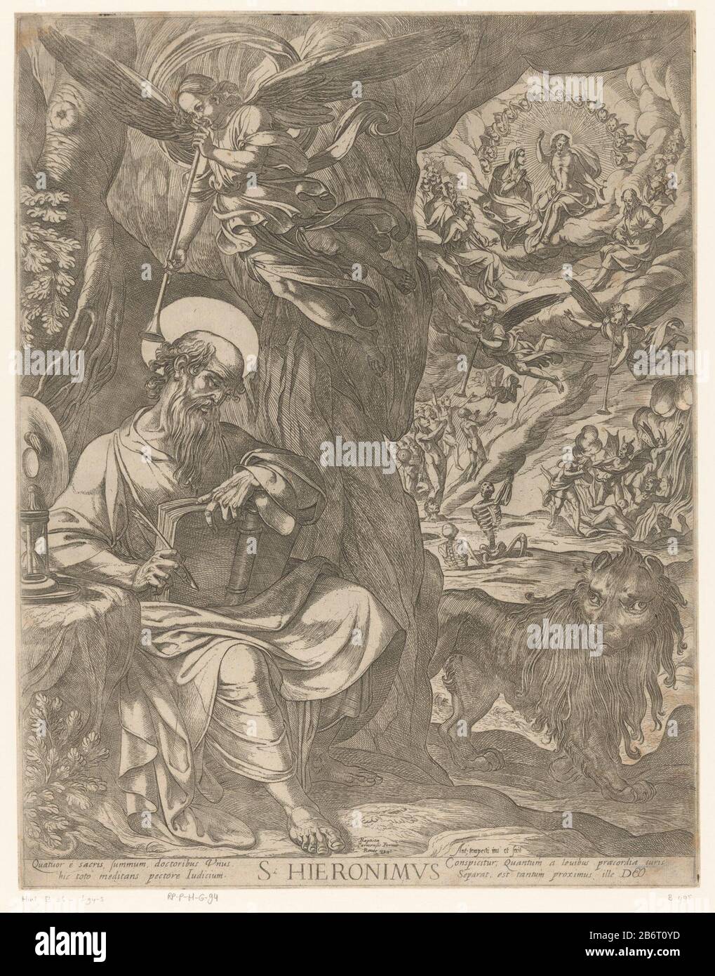 H Hieronymus in de wildernis contemplerend over het laatste oordeel S Hieronimus (titel op object) H. Jerome con libro e quill nel deserto contemplerend circa l'ultimo giudizio. Destra una scena di giudizio finale con Cristo, Maria e santi e nubi dannate disegnate dai demoni nell'inferno. Hieronymus si alce sopra un soffio su un angelo a tromba. Leone destro. Titolo e didascalia in latino in ondermarge. Produttore : printmaker Antonio Tempesta (listed building) nel suo design: Antonio Tempesta (listed building) editore: Battista Panzera (listed property) Produzione Locale: Printmaker: Italy To own desi Foto Stock