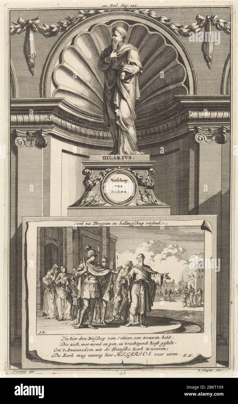 H Hilarius van Poitiers, kerkleraar Hilarius, Bisschop van Poitiers, Word na Phrygien in ballingschap versonden (titel op object) il santo Dottore Hilary di Poitiers, in piedi su un piedistallo. Sul fronte la scena Dove: In lui fu mandato in esilio dall'imperatore Giuliano. Stampare il centro superiore contrassegnato con: III. Pagina Di Parte: 293. Produttore : printmaker Jan Luyken (listed building) printmaker: Zacharias Chatelain (II) (listed building) in drawing: Jan Goeree (listed property) writer: François Halma (listed building) publisher: François Halma manufactured Place: Amsterdam Date: 1698 Physical features: Etching Foto Stock