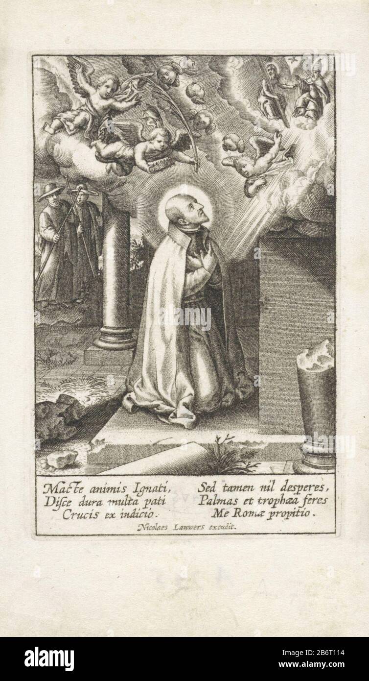 H Ignazio van Loyola il gesuita Ignazio Loyola si inginocchierà in rovina. Egli guarda fino alla Trinità in cielo. Un angelo gli porta un ramo di palma e una corona. Sullo sfondo due missionari gesuiti. Nel margine di una firma a sei righe, in due colonne, nel Latijn. Produttore : stampare da: Antonie Chi: Rix (II) tipografia: Anonimo editore: Nicolaes Lauwers (indicato sull'oggetto) Luogo fabbricazione: Antwerpen Data: 1610 - 1652 caratteristiche Fisiche: Engra materiale : carta Tecnica: Engra (processo di stampa) Misure: Bordo della lastra: H 108 mm × W 68 mmToelichtingDe print è una copia o Foto Stock H Ignazio van Loyola il gesuita Ignazio Loyola si inginocchierà in rovina. Egli guarda fino alla Trinità in cielo. Un angelo gli porta un ramo di palma e una corona. Sullo sfondo due missionari gesuiti. Nel margine di una firma a sei righe, in due colonne, nel Latijn. Produttore : stampare da: Antonie Chi: Rix (II) tipografia: Anonimo editore: Nicolaes Lauwers (indicato sull'oggetto) Luogo fabbricazione: Antwerpen Data: 1610 - 1652 caratteristiche Fisiche: Engra materiale : carta Tecnica: Engra (processo di stampa) Misure: Bordo della lastra: H 108 mm × W 68 mmToelichtingDe print è una copia o Foto Stock