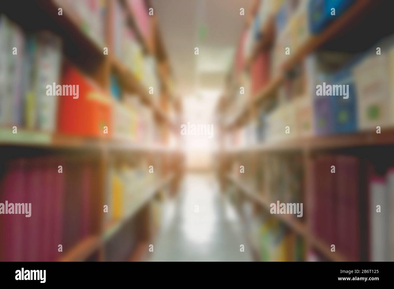 Vista sfocata degli armadietti con i libri in biblioteca. Uso per lo sfondo o lo sfondo nel commercio del negozio del libro o concetti delle risorse di formazione. Foto Stock