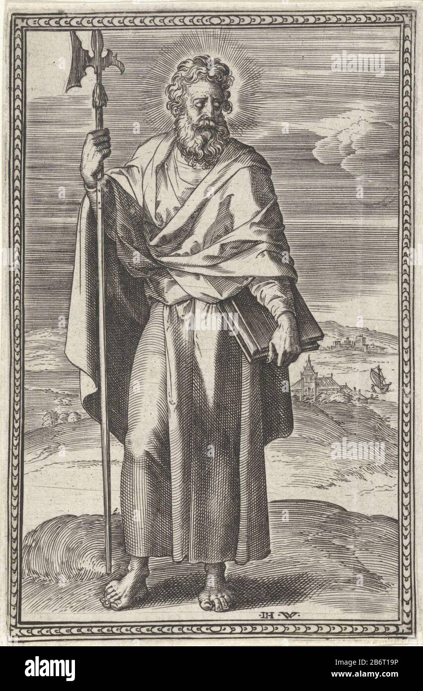 Paesaggio con l'apostolo Matteo. In una mano tiene un libro nella sua altra mano un hellebaard. Produttore : stampatore John Who: Rix (proprietà elencata) Designed by: Crispin van den Broeck Luogo produzione: Anversa Data: 1559 - Caratteristiche 1585 Fisico: Materiale dell'automobile: Tecnica della carta: Engra (processo di stampa) dimensioni: Bordo della lastra: H 116 mm × W 76 mm Soggetto: L'apostolo e l'evangelista Matteo (Matteo); attributi possibili: angel, ax, libro, halberd, penna e inkhorn, borsellino, scroll, quadrato, spada Foto Stock