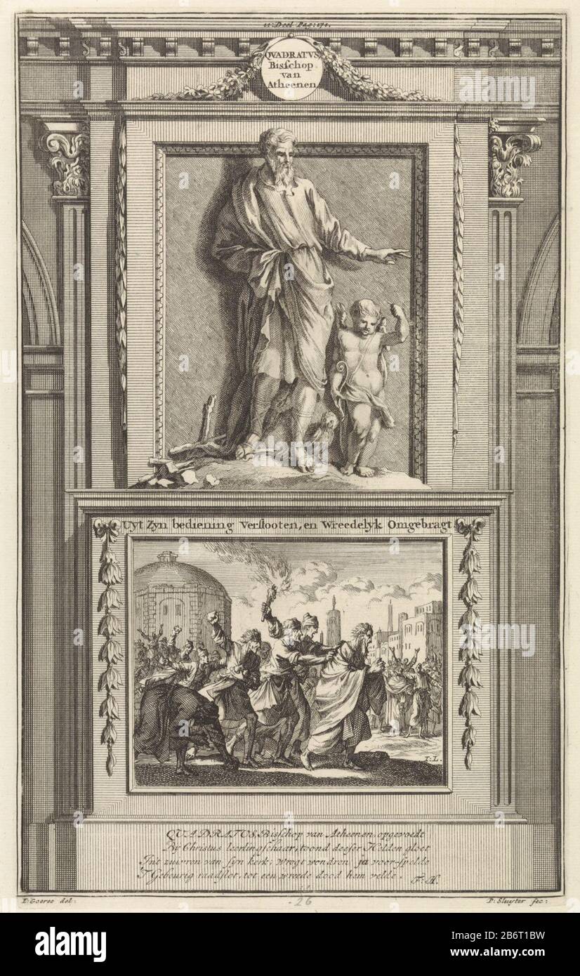 H Quadratatus van Athene, apologet Quadratatus, Bisschop van Atheenen Uyt Zyn bediening Verstooten, en Wreedelyk Omgebragt (titel op object) apologo santo Quadratus di Atene in compagnia di un gufo e di un angelo. Quadratus si erge su un piedistallo Dove: Davanti si rivela il martirio. Stampa centro superiore contrassegnato: II: Parte di Pag. 171. Produttore : stampatore Jan Luyken (edificio elencato) stampatore: Zacharias Chatelain (II) (attribuito al laboratorio) a disegno: Jan Goeree (proprietà elencata) scrittore: François Halma (edificio elencato) Editore: François Halma Luogo fabbricazione: Amsterdam Data: 1698 Fisico Foto Stock
