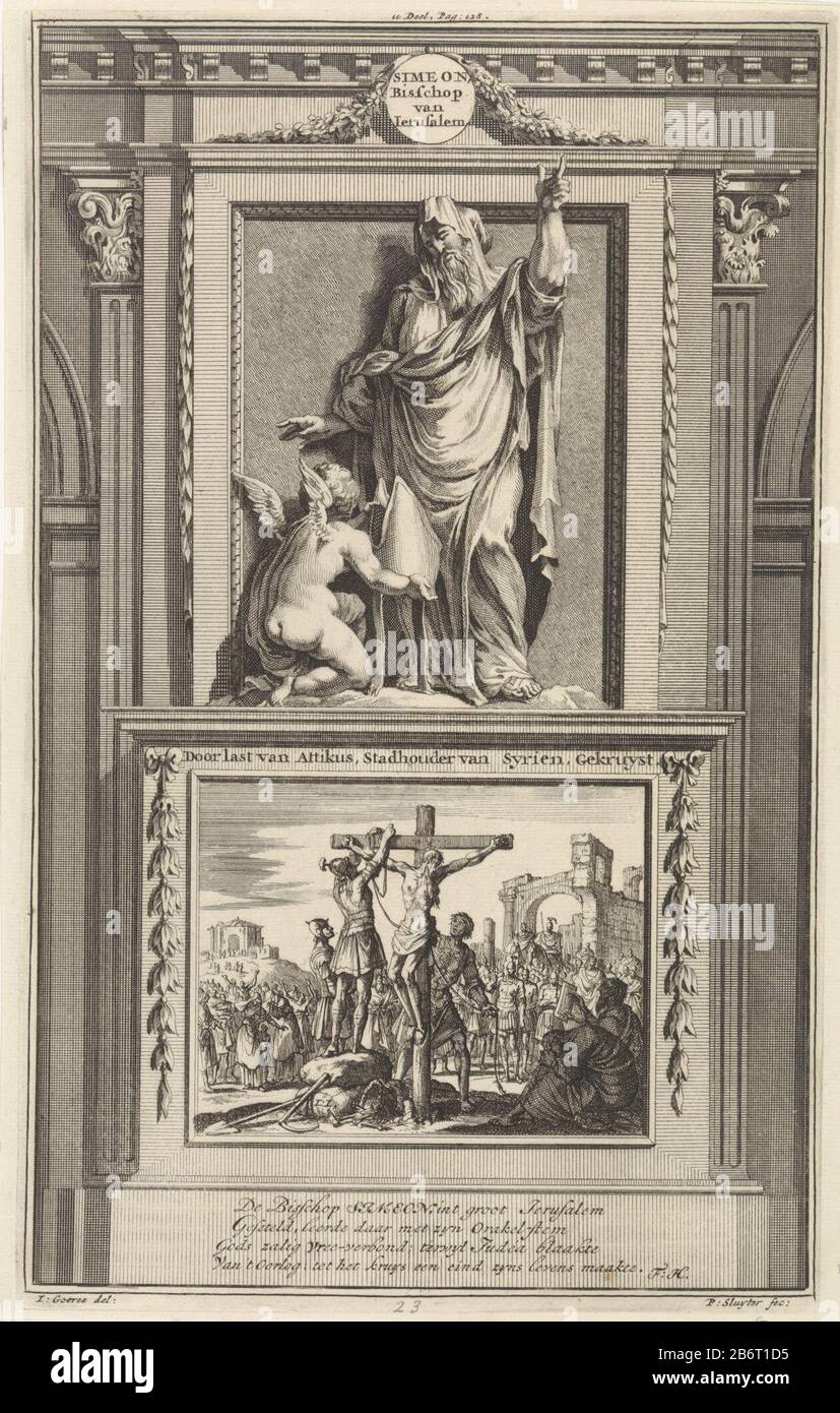 H Simeon van Jeruzalem Simeon, Bisschop van Jerusalem, Door last van Attikus, Stadhouder van Syrien, Gekruyst (titel op object) Simeone santo di Gerusalemme guarda l'angelo che gli viene davanti la mitra del suo vescovo. Simeon si erge su un piedistallo Dove: Di fronte la sua crocifissione è ritratto. Stampare il centro superiore contrassegnato con: II. Parte, Pag: 128. Produttore : stampatore Jan Luyken (edificio elencato) stampatore: Zacharias Chatelain (II) (edificio elencato) nel disegno: Jan Goeree (proprietà elencata) scrittore: François Halma (edificio elencato) editore François Halma luogo di fabbricazione: Amsterdam Data: 1698 Fisico Foto Stock