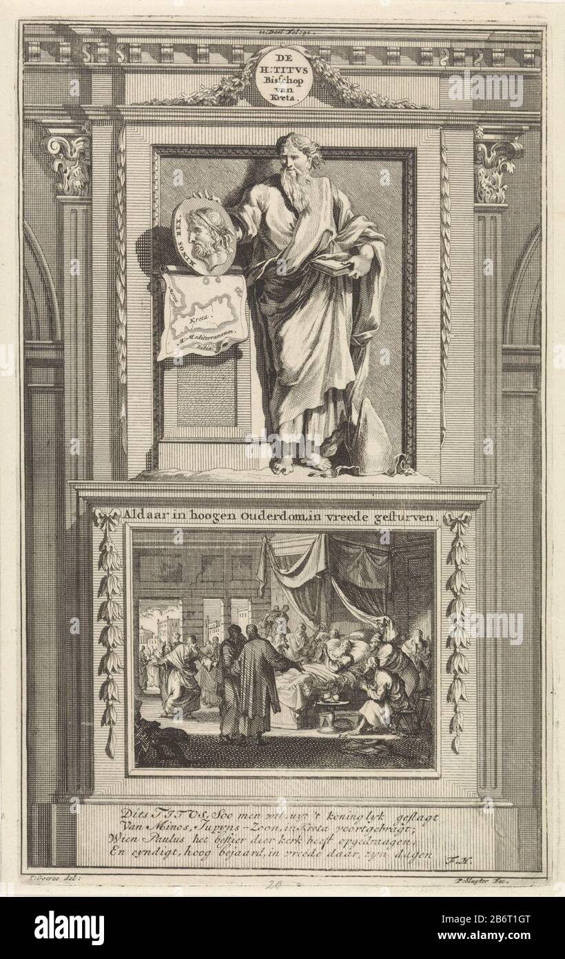 H Tito De H Tito Bisschop van Kreta Aldaar in Hoogen Ouderdom, in vreede gesturven (titel op Object) santo Tito detiene un solido ritratto del re di Creta, che si basa su una mappa dell'isola. Tito si erge su un piedistallo Dove: Di fronte il suo letto death è mappato. Stampare il centro superiore contrassegnato con: II. Condividi Fol: 91. Produttore : printmaker Jan Luyken (listed building) printmaker: Zacharias Chatelain (II) (listed building) in drawing: Jan Goeree (listed property) writer: François Halma (listed building) publisher: François Halma manufactured Place: Amsterdam Date: 1698 Physical features: Etching and it Foto Stock