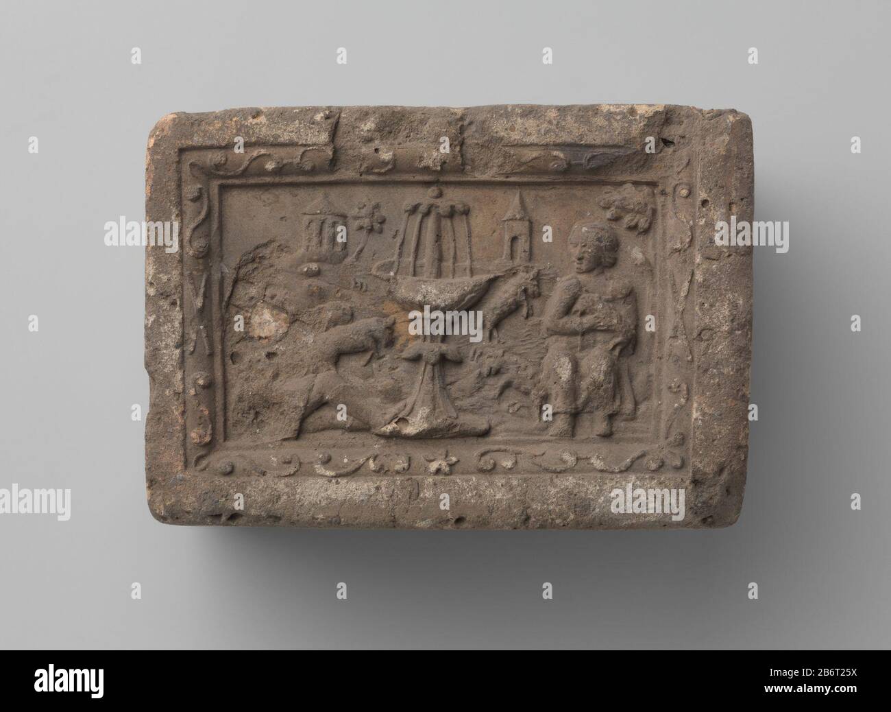 Haardsteen incontrò la scène pastorale. Op de voorgrond twee herders ( Foto Stock