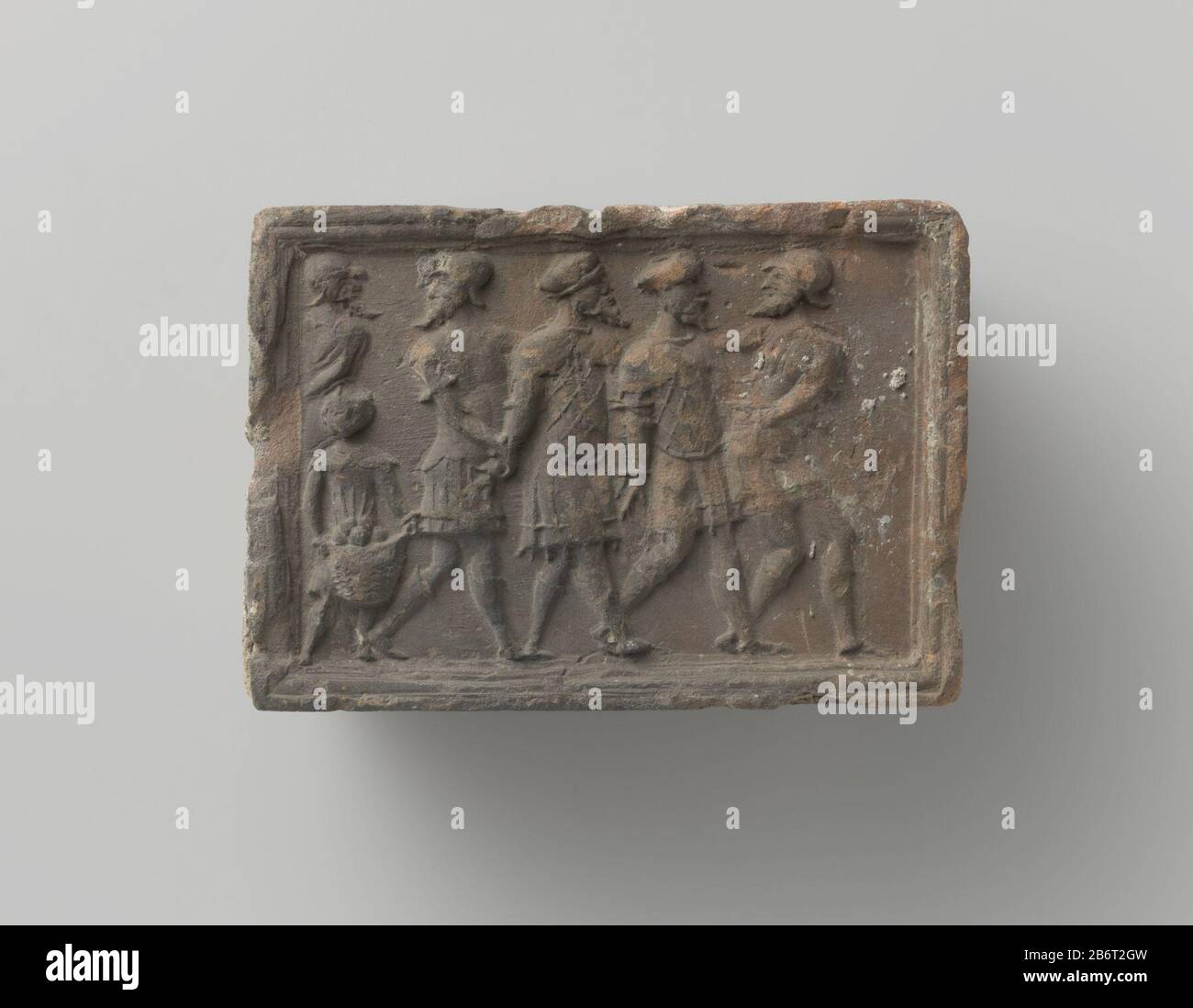 Haardsteen, de grijsaards gevangen genomen Haardsteen, de grijsaards gevangen genomen, van fijne gebakken aarde. Produttore : vervaardiger: AnoniemPlaats fabbricante: Zuidelijke Nederlanden Dating: CA. 1400 - ca. 1950 Kenmerken Fisico: Aardewerk Materiale: Aardewerk dimensioni: H 10,5 cm. (Overgenomen uit het inventarisboek.) × b 15 cm. (Overgenomen uit het inventarisboek.) × d 7,5 cm. (Overgenomen uit het inventarisboek.) Foto Stock