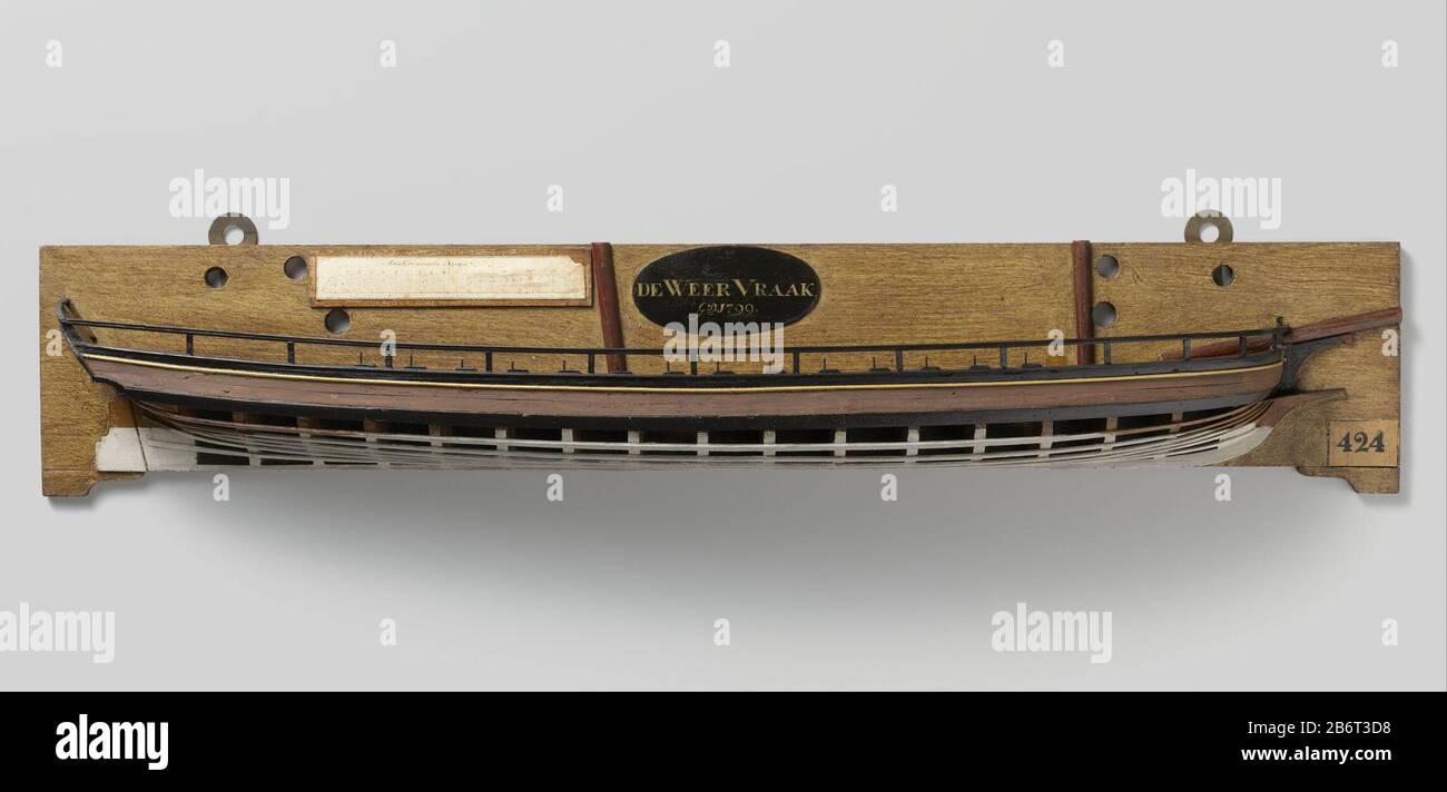 Halfmodel van een kanonneergalei van 3 stukken Half Model of a kanonneergalei 3 pieces tipo Oggetto: Modello di cantiere modello mezzo modello di nave numero articolo: Ng-MC-424 Iscrizioni / marchi: Iscrizione, centro superiore, su un'etichetta ovale nera: IL TEMPO VRAAK / GB 1799.'chaalverdeling, centro superiore: Scala cartacea in etichetta di base di Amsterdam, destra: '424', una precedente descrizione del numero di inventario: Modello sciocco policromo (a dritta) di un flatboat a due alberi. La pelle sopra il legname di corteccia è chiusa. Il ponte è chiuso con una piattaforma per pistola sul ponte anteriore accanto al braccio del braccio e un unico centro posteriore e tre palusti Foto Stock