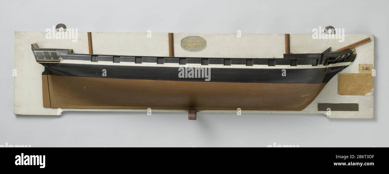 Halfmodel van een korvet van 20 stukken Half modello di una Corvette di 20 pezzi tipo oggetto: Modello nave modello mezzo cantiere modello numero Oggetto: Ng-MC-346 Iscrizioni / marchi: Iscrizione, centro superiore, su un ovale etichettato 'AMPHITRITE / KORVET a 20 st'opschrift, in basso a destra, su un pezzo di carta, in inchiostro: 'Dimensioni principali:. / [Seguito da misure e armamento] 'etichetta, destra:' 346 ', una precedente scala di numeri di inventario, in basso a destra: Scala di ottone in pollici Descrizione: Policromo modello sciocco planato (tribordo) di un tre-maestro. Dodici porte di pistola su un ponte, e sul ponte di precastle campanjedek indicano Foto Stock