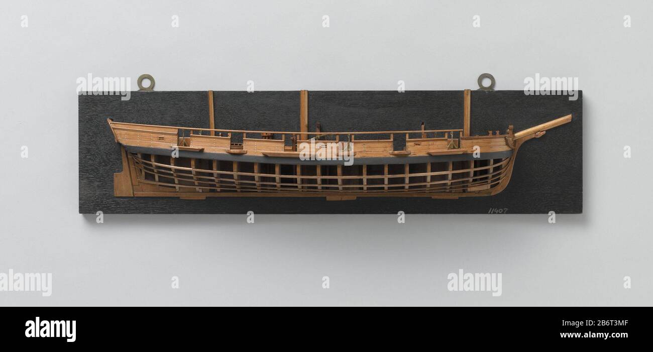 Halfmodel van een zeilkanonneerboot Halfmodel van een zeilkanonneerboot (stuurboord), uitgevoerd in ant en cent, met drie masten. Produttore : modelmaker: AnoniemPlaats manufacturing: Nederland Dating: CA. 1806 Materiale: Hout dimensioni: H 7 cm. × l 53 cm. × b 7 cm. Oggetto: Modello di nave (+ propulsione di veicolo, nave, ecc. via vento) Foto Stock