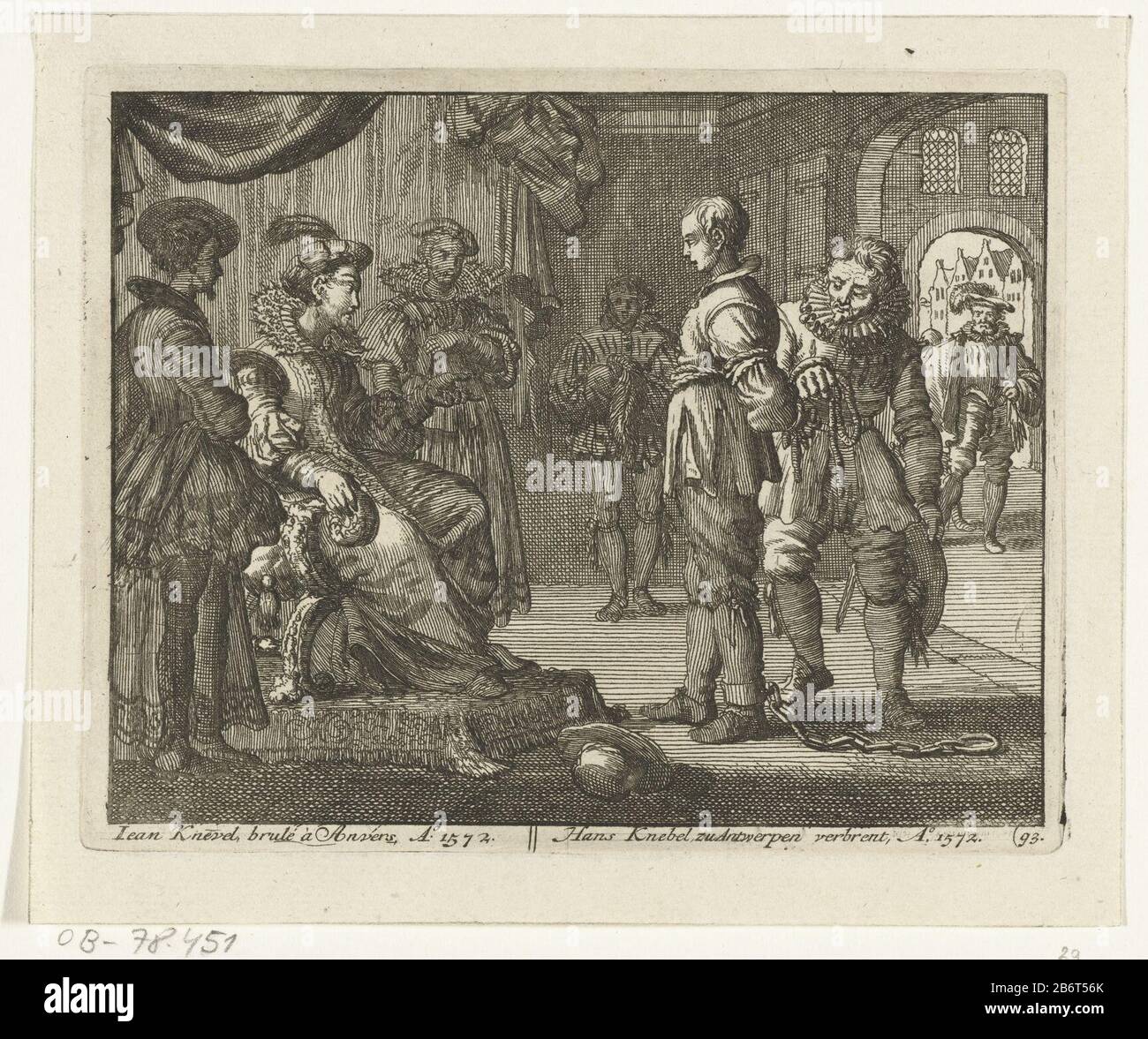 Il Battista Hans Gag, Anversa, interrogato e poi bruciato, 1572. Il prigioniero si trova di fronte ad una donna su un troon. Produttore : tipografia: Zwansvliet a disegno: Zwansvliet Luogo fabbricazione: Paesi Bassi del Nord Data: 1683 - 1685 caratteristiche Fisiche: Materiale di incisione: Tecnica della carta: Dimensioni di incisione: Bordo della lastra: H 115 mm × W 143 mmToelichtingDe stampe usate in questo secondo stato a titolo illustrativo per: Teatro des Martyrs depuis la mort presentare la jusqu'à J. Christ (...). = Schau Stage mezzi del Martirer, P. van der Aa, Leiden ca. 1715, N. 93. Le stampe sono di origine Foto Stock