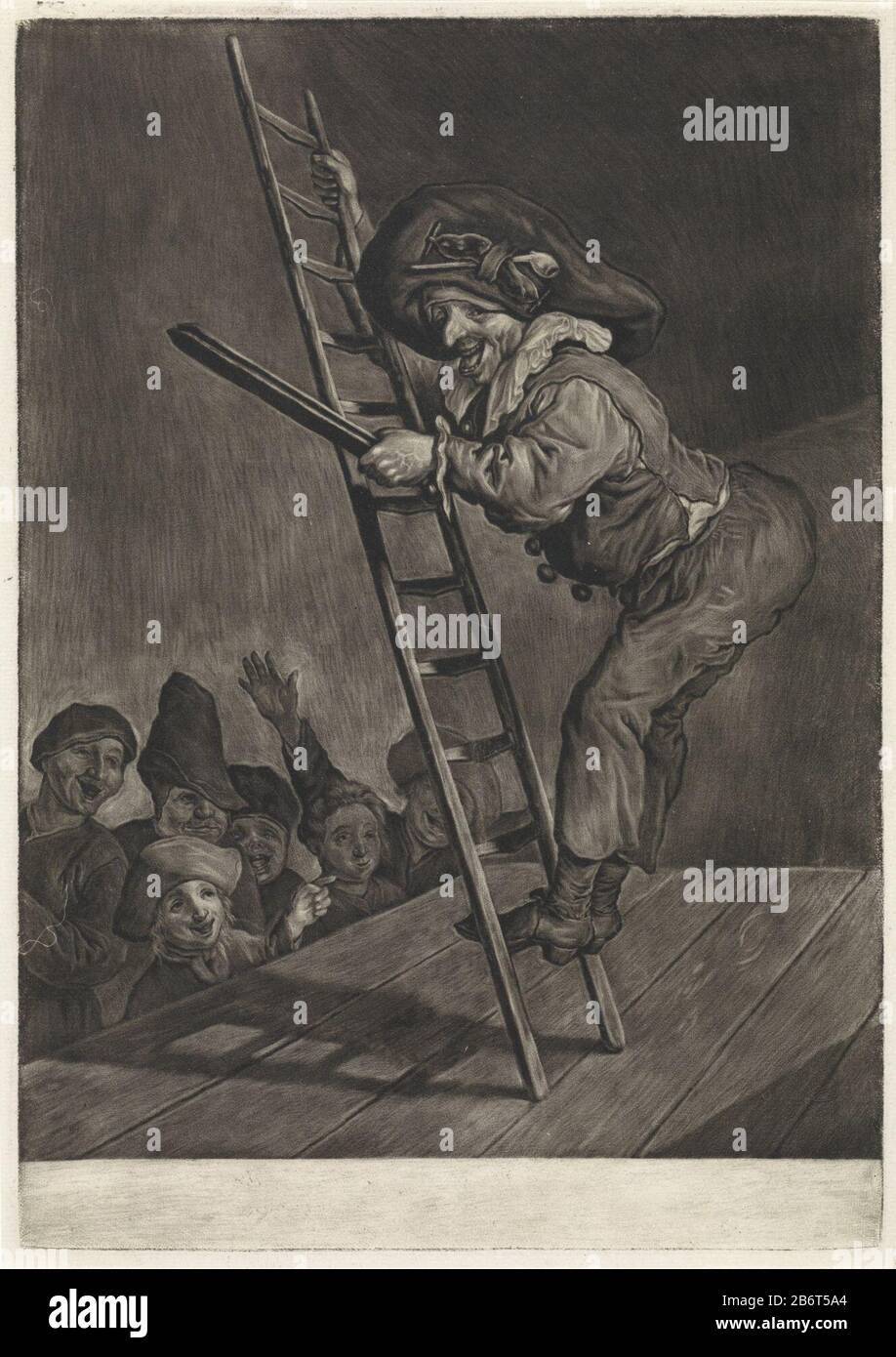 Harlekijn sul palco è un harlequin su una scala . Il suo pubblico consiste kinderen. Produttore : stampatore Cornelis DusartPlats manufacturing Haarlem dating: 1680 - 1704 Caratteristiche Fisiche: Mezzotint; materiale di prova: Tecnica della carta: Dimensioni mezzotint: Bordo della lastra: H 252 mm × W 177 mm Soggetto: Tipo in 'commedia dell'arte' Harlequinladder Foto Stock